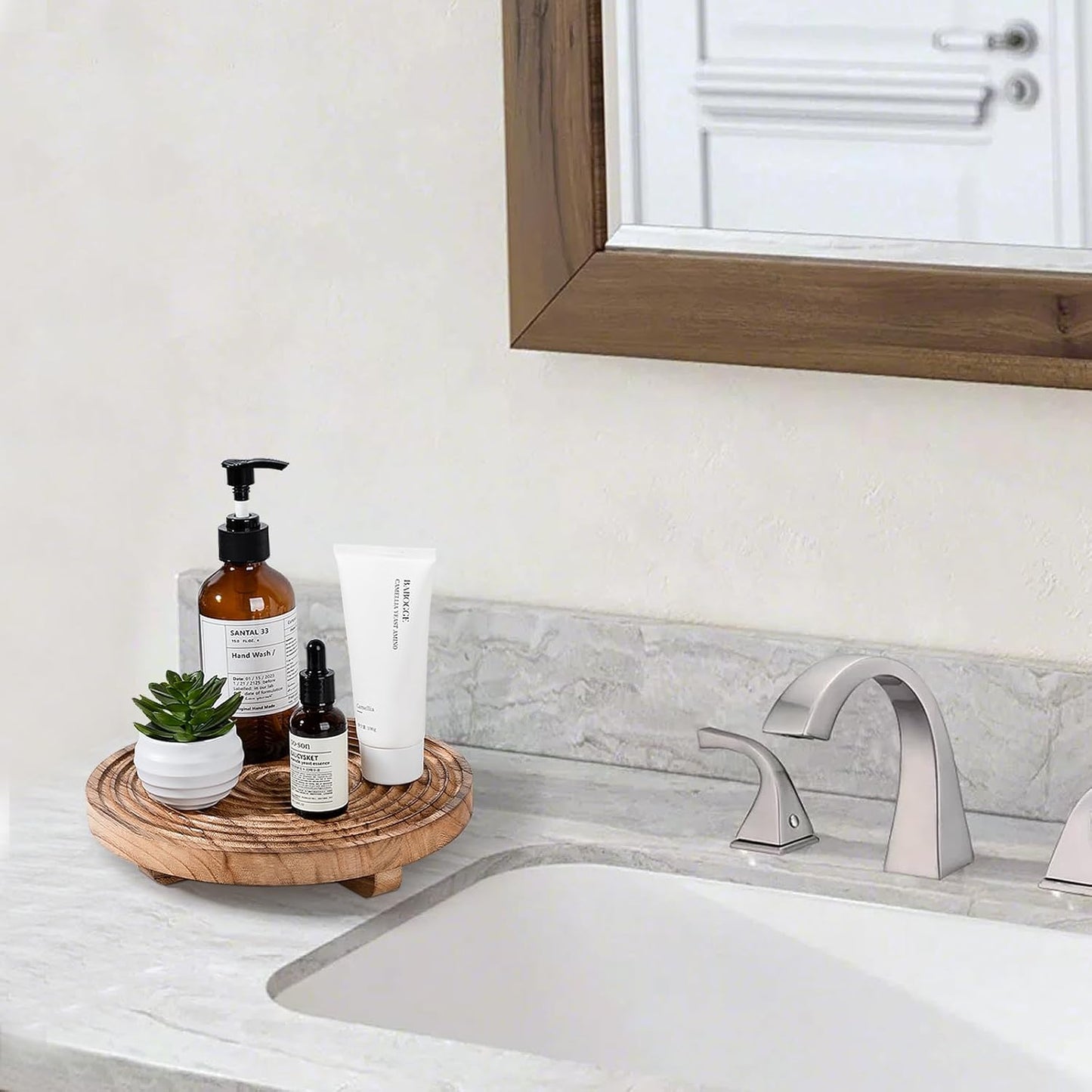 Round Decorative Tray Farmhouse Bathroom Decor Wood Riser Kitchen Countertop Organizer for Perfume