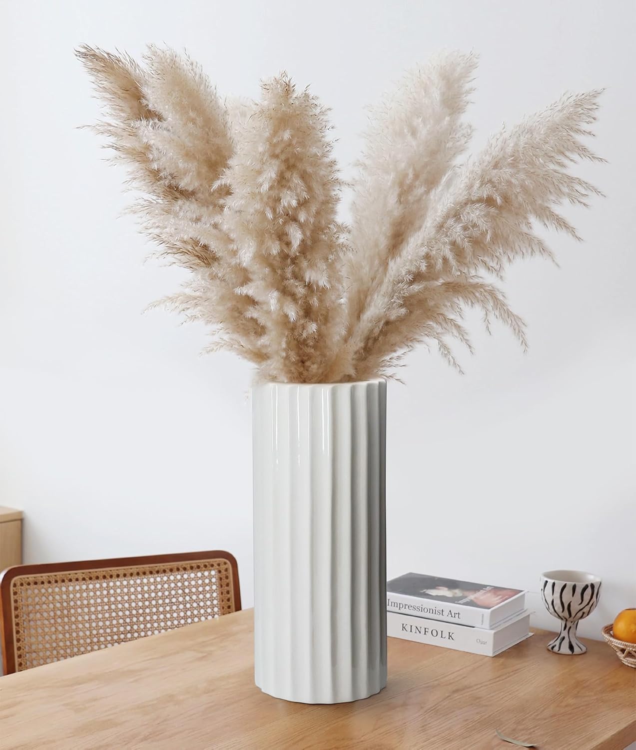 Glazed Ceramic Vase Ribbed Minimalist Waterproof Flower Vase / Straight Cylinder / White