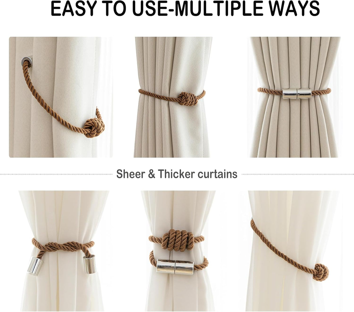 Curtain Tiebacks Magnetic Decorative Rope Tie Backs Holdbacks Contoeey | 6 Pack Khaki Modern Elegant Window Treatment