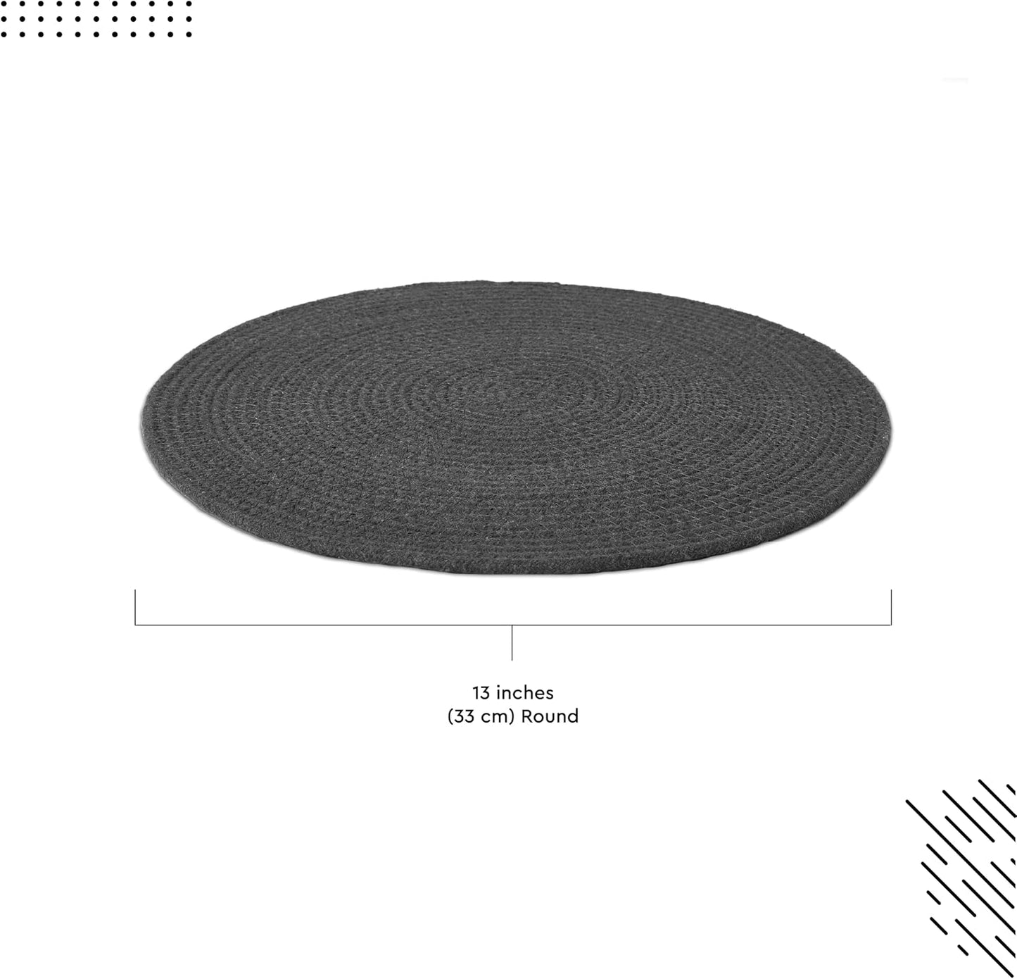 Encasa XO Placemats, Round Cotton Dining Table Mats 13" | Dark Grey, Handcrafted Ribbed Texture | Heat Resistant
