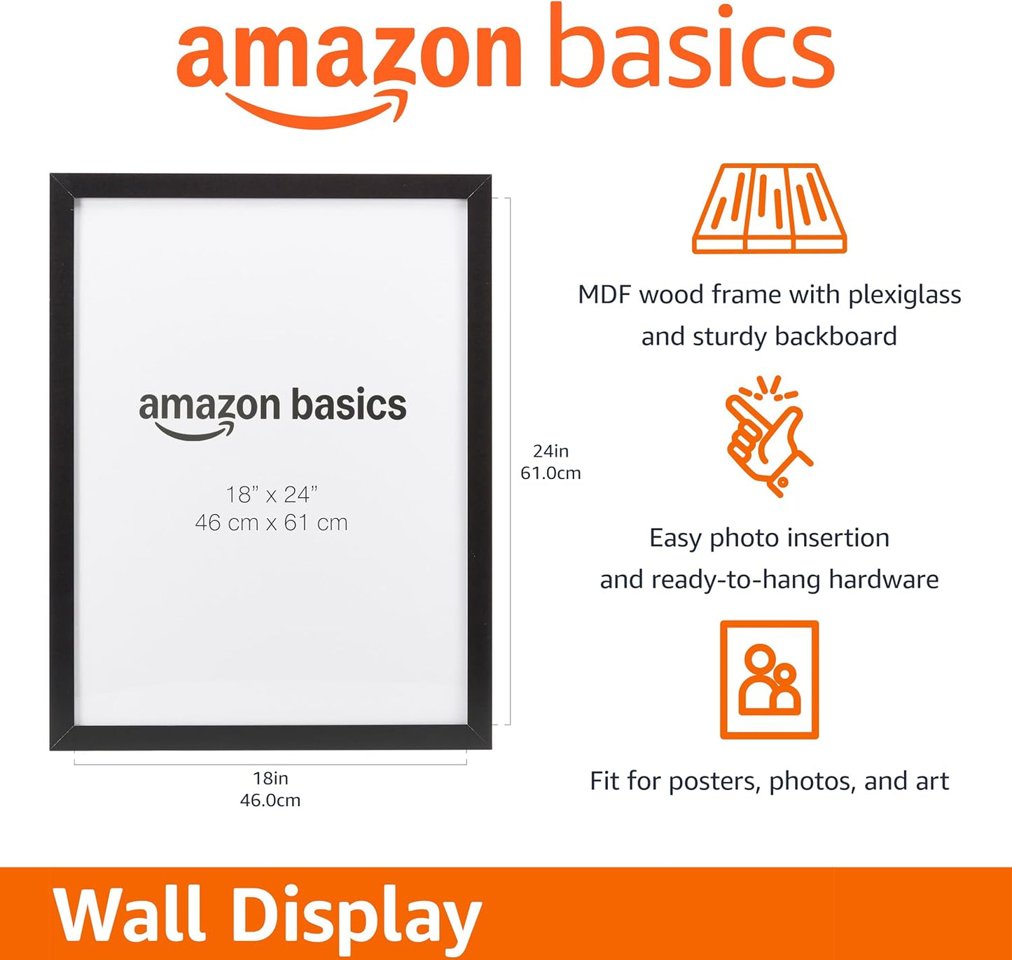Amazon Basics Rectangular Wood Poster Frame, 18" x 24", Black