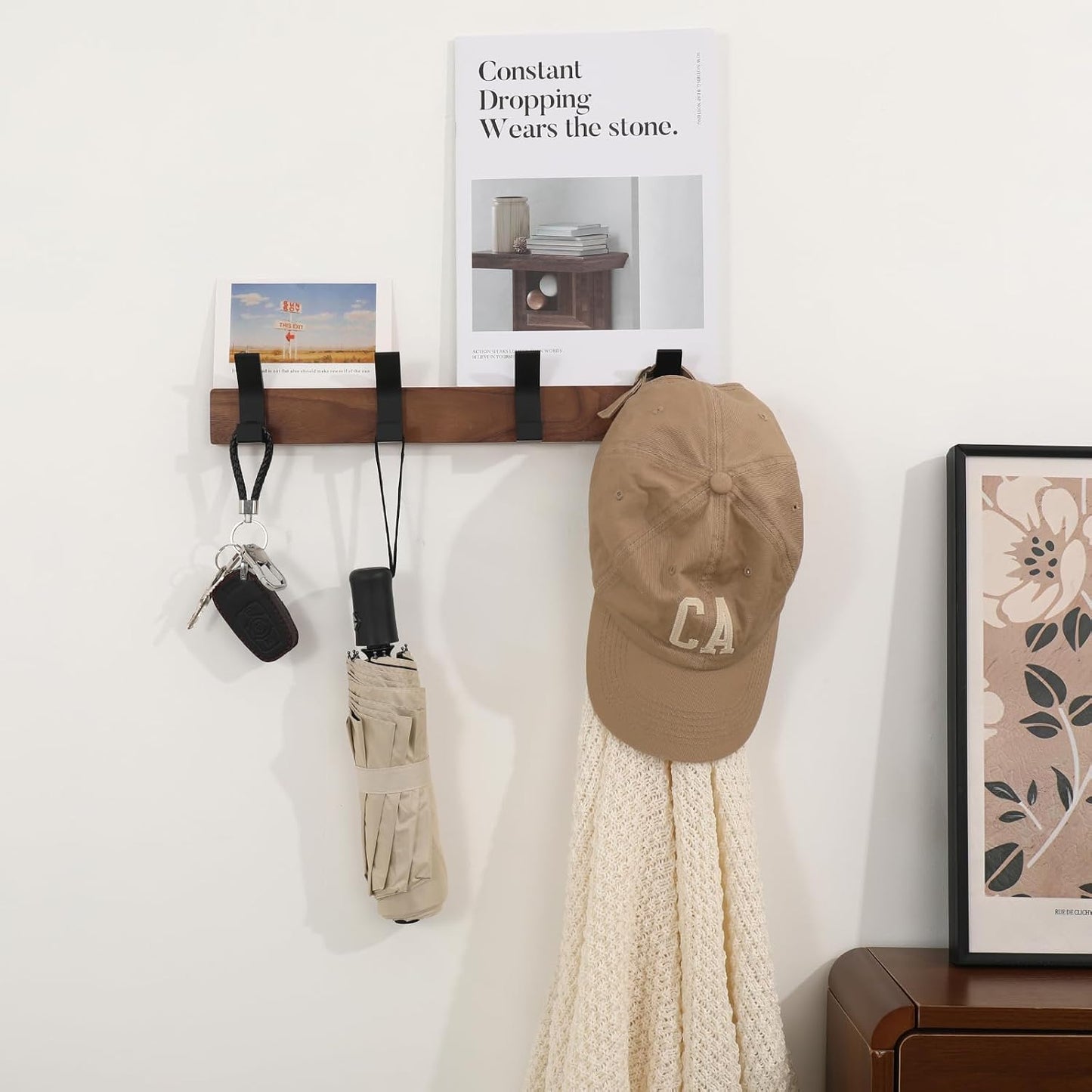 Coat Rack Wall Mount - 15.7 Inches Walnut Wood Coat Hooks Coat Rack Wall Mount with 4 Hooks Black Aluminum Coat Hooks