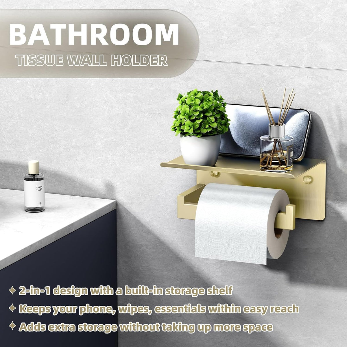 APLusee Brushed Gold Toilet Paper Holder with Shelf, 304 Stainless Steel Wall Mount Tissue Roll Holder for Bathroom