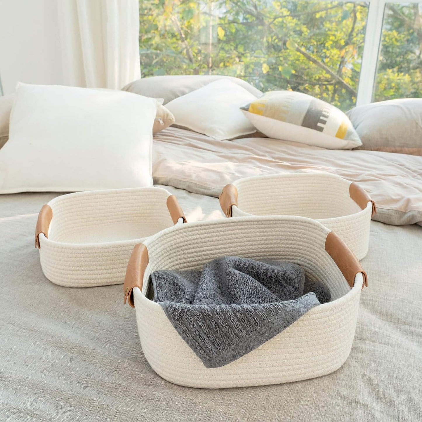 Rectangle Cotton Rope Woven Basket / White / 11.4 x 10.6 x 5.5 / Set of 3