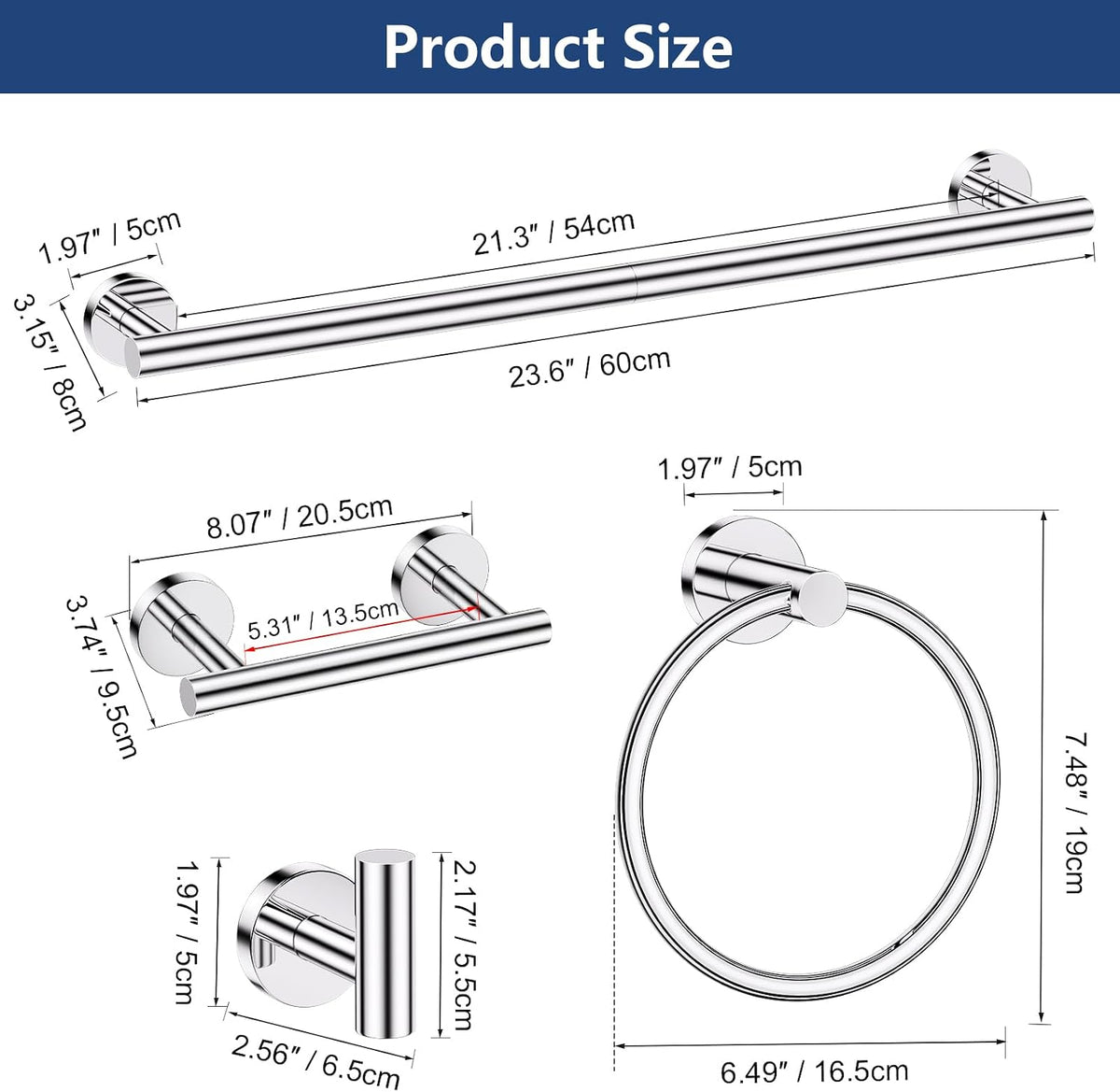 TQKAG 5 Piece Towel Racks for Bathroom, 23.6" Bathroom Hardware Set Chrome | Bathroom Hardware Set, SUS304 Stainless