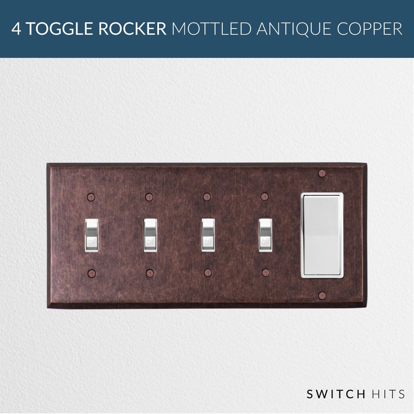 Mottled Antique Copper Outlet Wall Plate | 4 Toggle - 1 GFI Rocker | 10.1" x 4.6" | Hand-Polished Brass Construction