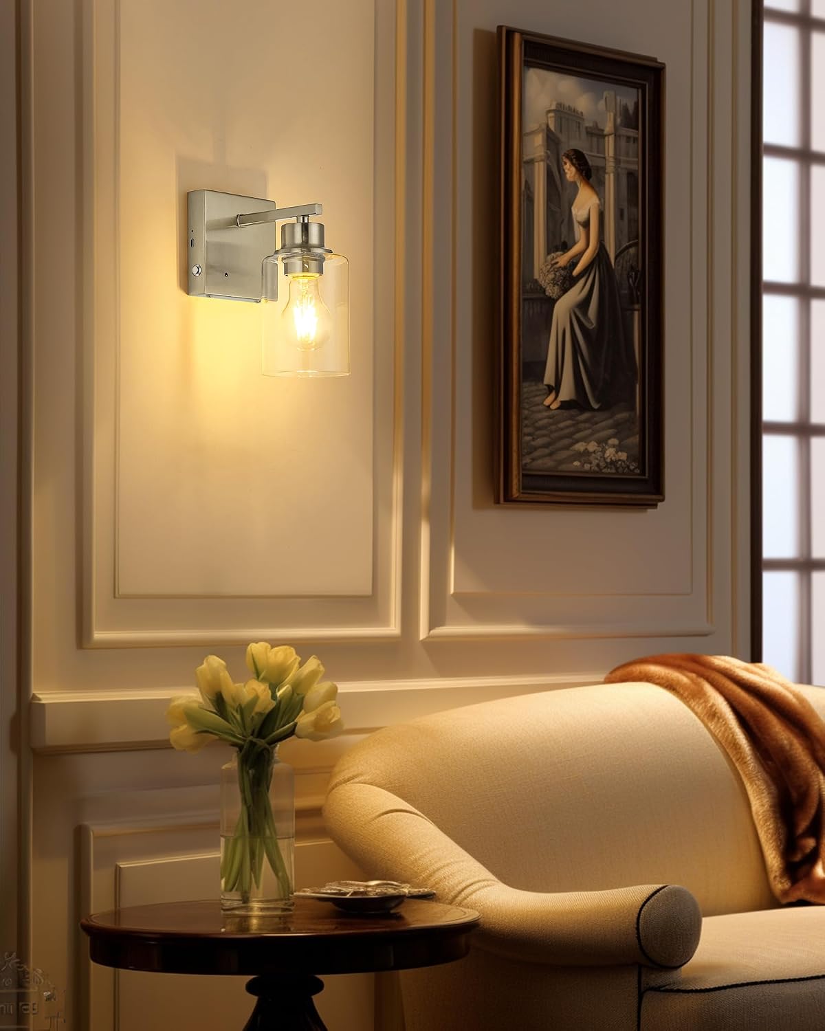 Rayogale Wireless Battery Operated Wall Sconce Set of 2 with Remote Control | Nickel Dimmable Rechargeable Wall Lights