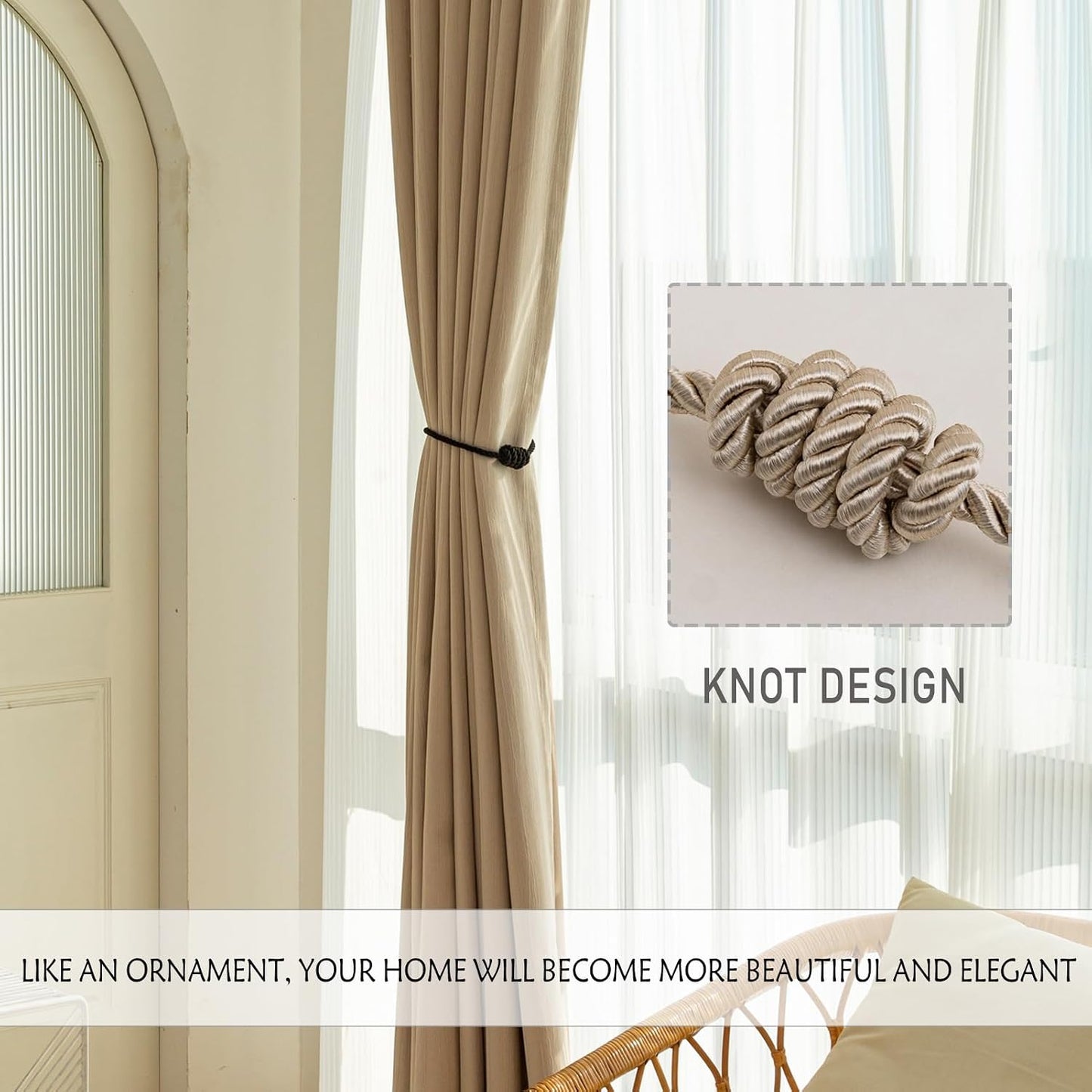 Curtain Tiebacks Magnetic Decorative Rope Tie Backs Holdbacks Contoeey | 8 Pack Beige Modern Elegant Window Treatment