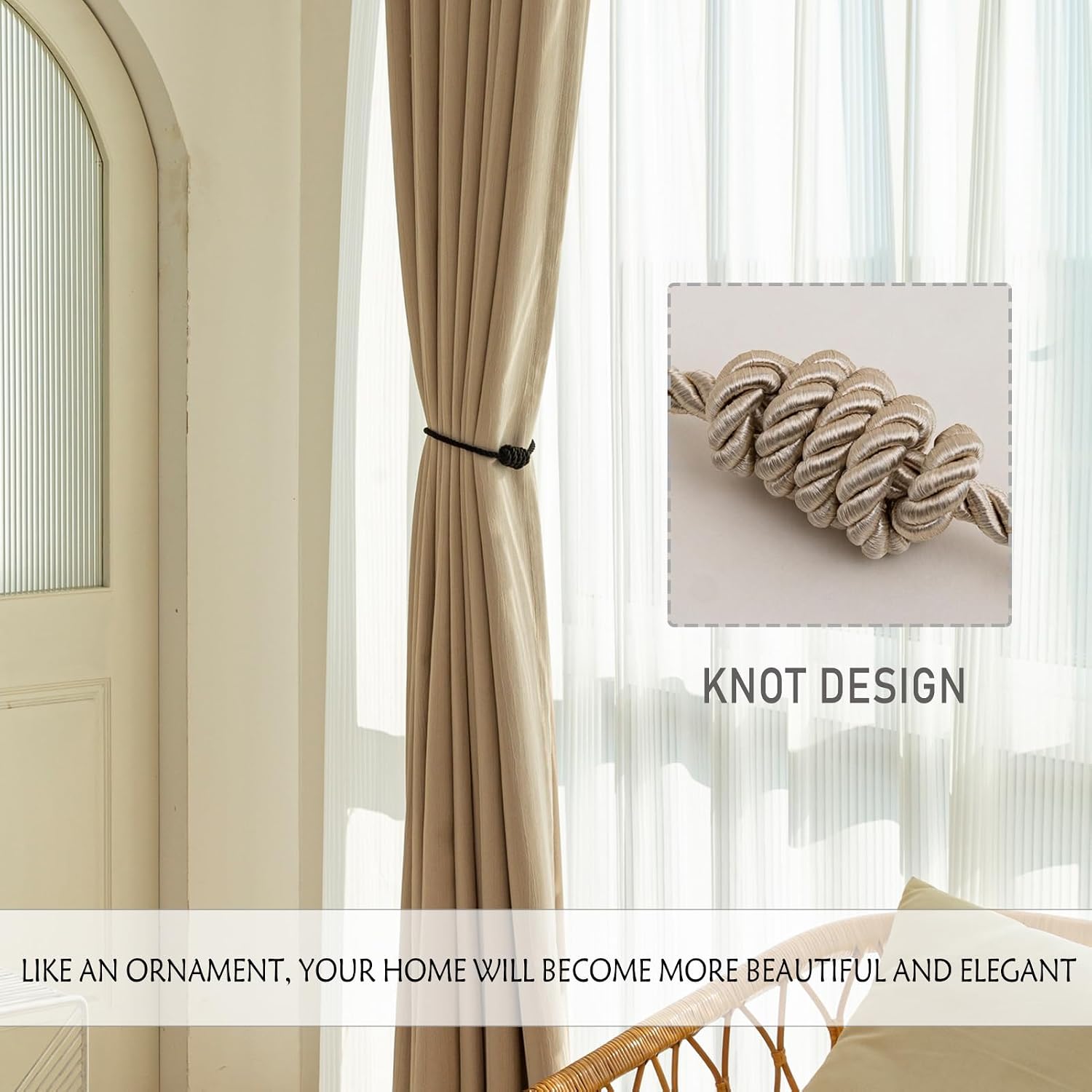 Curtain Tiebacks Magnetic Decorative Rope Tie Backs Holdbacks Contoeey | 8 Pack Beige Modern Elegant Window Treatment