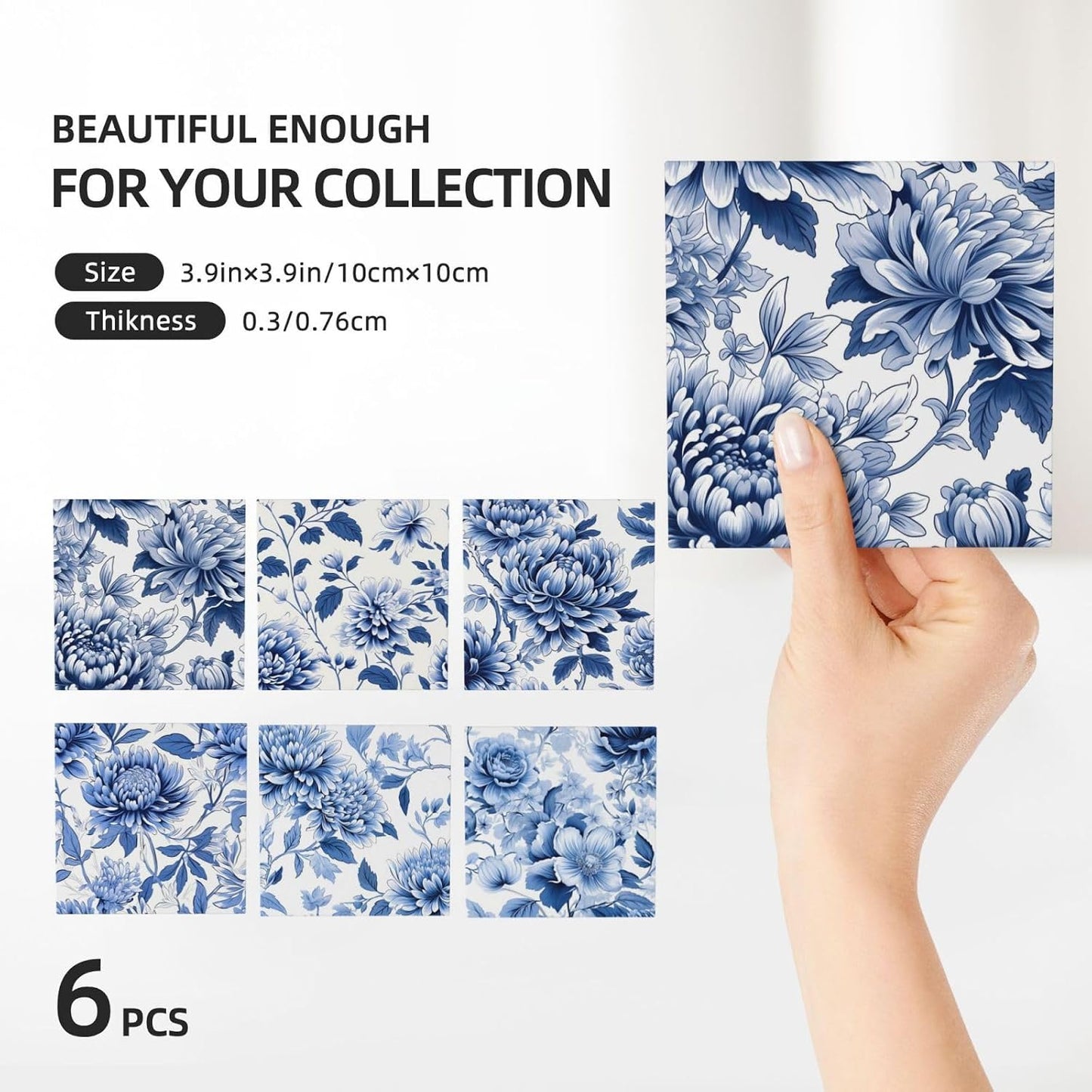 Golden Holder Cork Base / Blue Floral Square - 1 / Set of 6