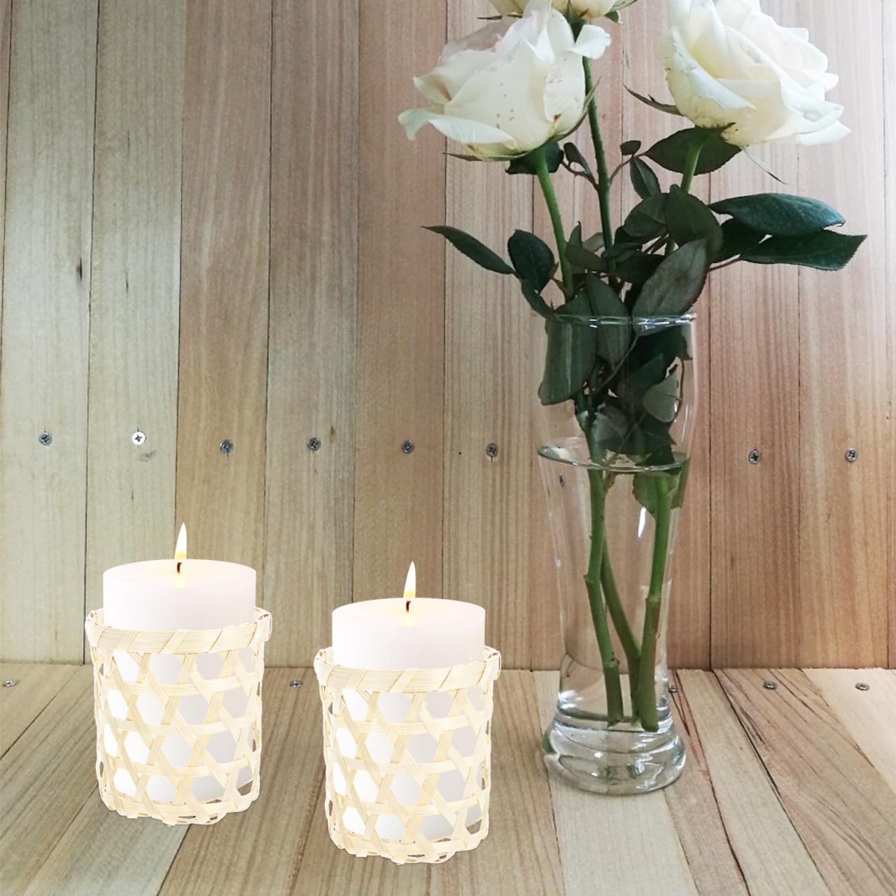Woven Bamboo Candle Cup Holders Tea Light Holders for Rustic Party Table / 3.15 Inch / Set of 4