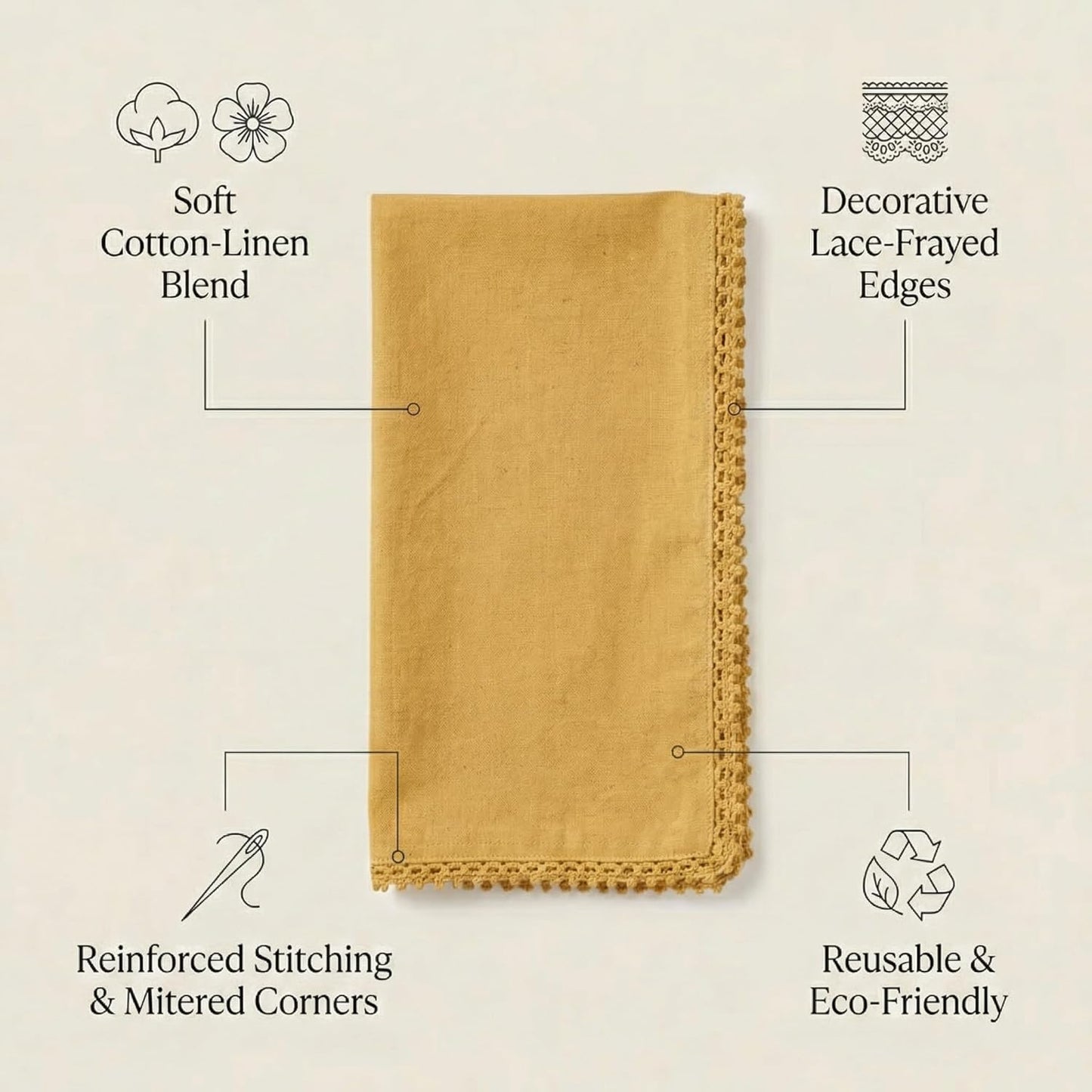 ACCENTHOME Mustard Set of 12 18x18 inch Cotton Linen Dinner Napkins | Cotton Linen Blend Napkins, Machine Wash On