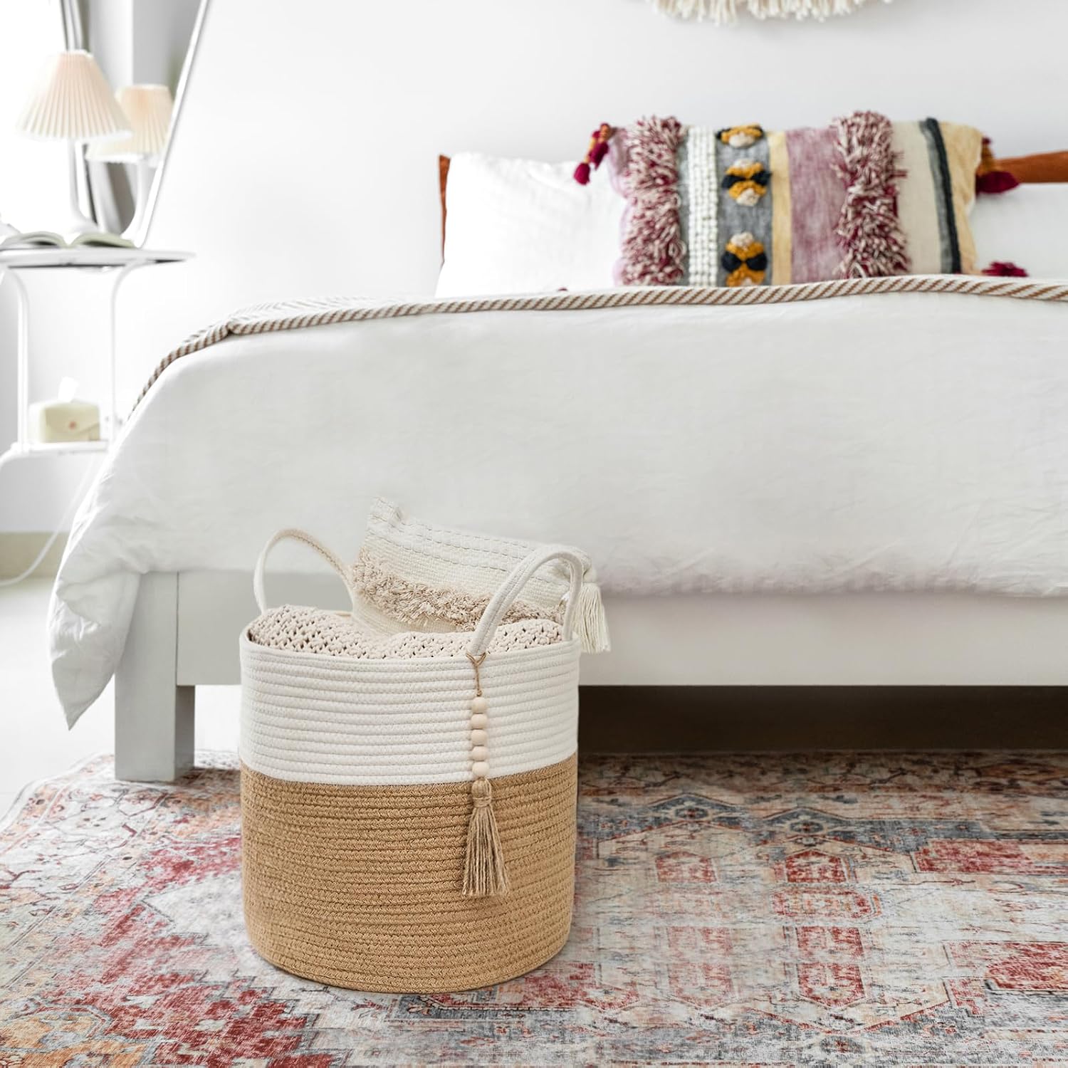 Woven Storage Basket Decorative Rope Basket Wooden Bead / Cream White and Brown / 11"W x 11"L