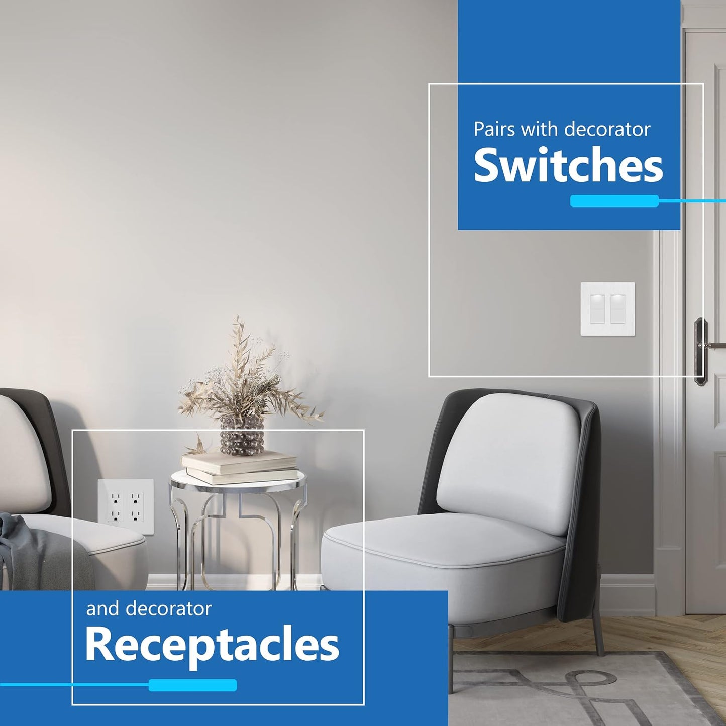 LIDER Double Decorator Switch Cover, Screwless Wall Plate, Mid-Size 2-Gang | 10-Pack, Brushed White, Polycarbonate