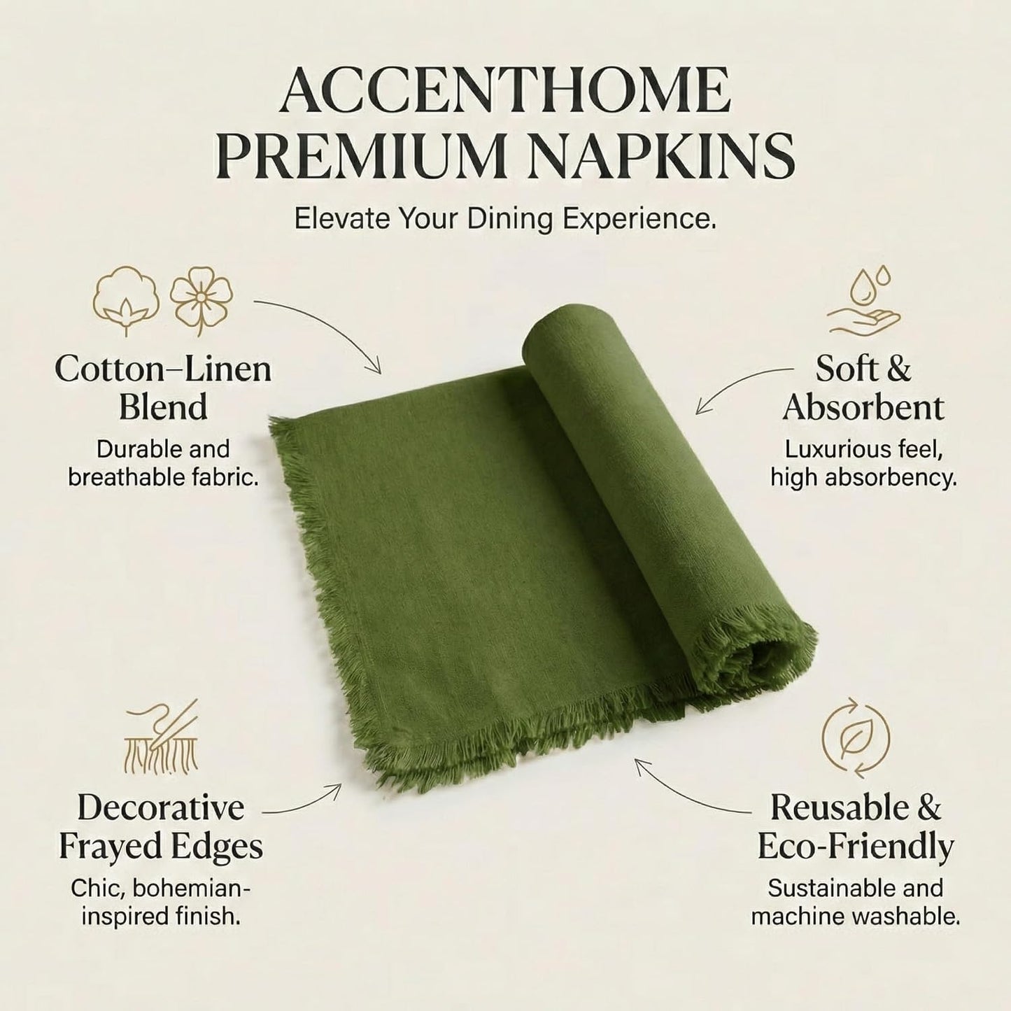 ACCENTHOME Olive Green Cotton Linen Napkin Set of 12 18x18 inch Dinner | Cotton Linen Blend Napkins, Machine Wash On
