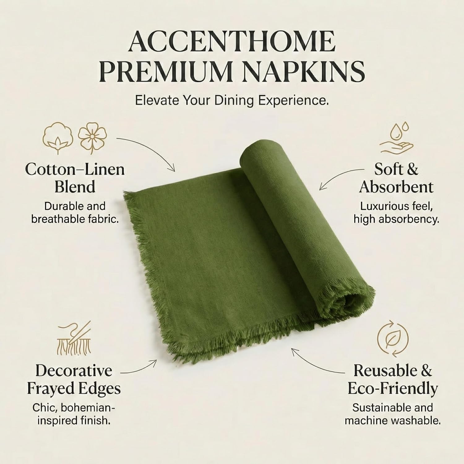 ACCENTHOME Olive Green Cotton Linen Napkin Set of 12 18x18 inch Dinner | Cotton Linen Blend Napkins, Machine Wash On