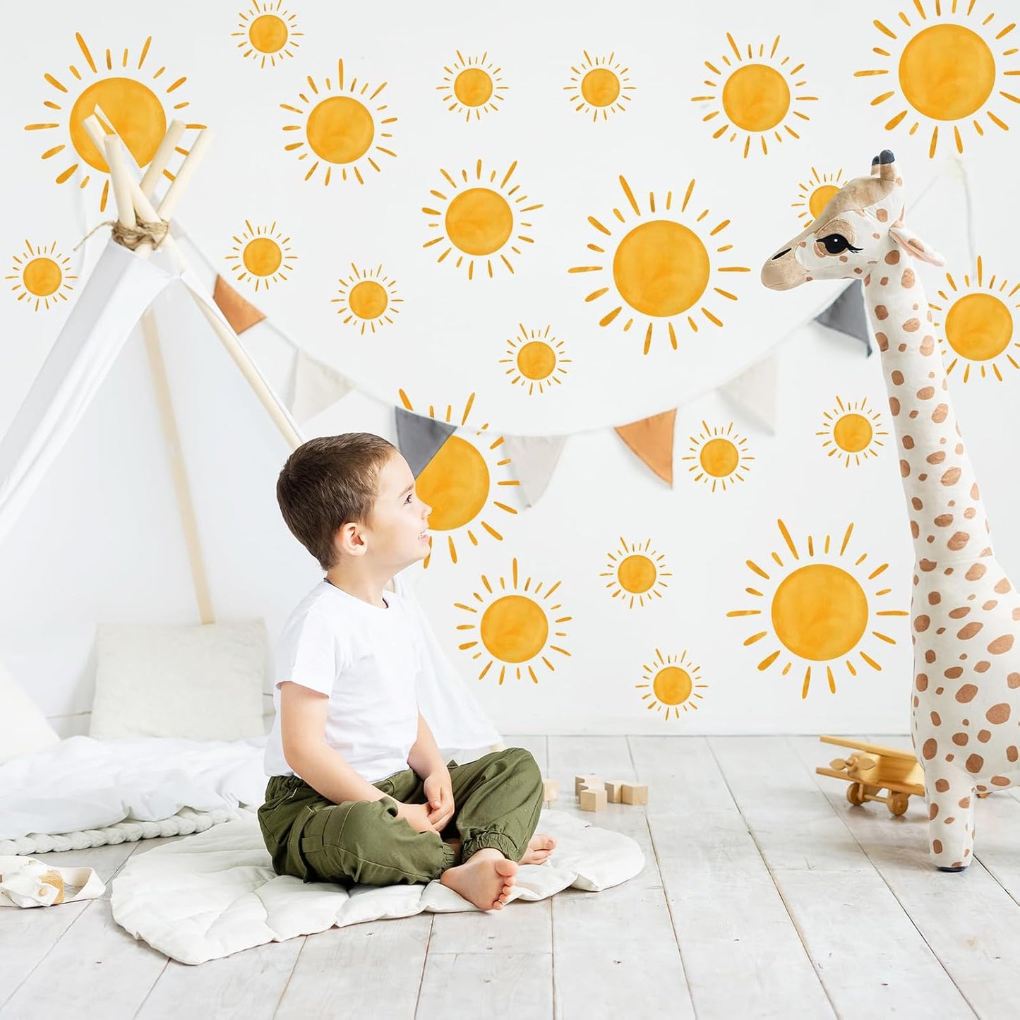 9 Sheet Boho Sun Wall Stickers Watercolor Sun Decals Sunshine Removable Self-Adhesive Wall / Yellow