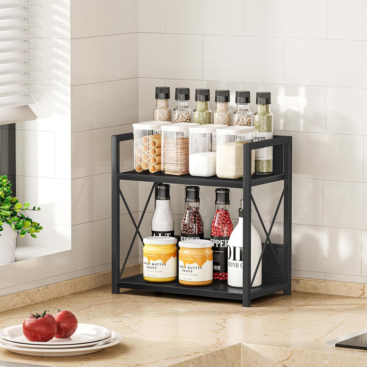 Giikin Countertop Organizer, 2 Tier Coffee Station Organizer for Desktop, Wood Counter Shelf Spice Rack for Kitchen