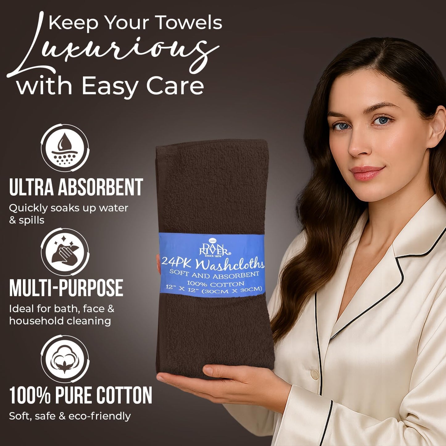 DAN RIVER 24 Pack Cotton Wash Cloths Set for Showering [12x12] Brown | Lighter Weight, Quick to Dry, Super Soft &