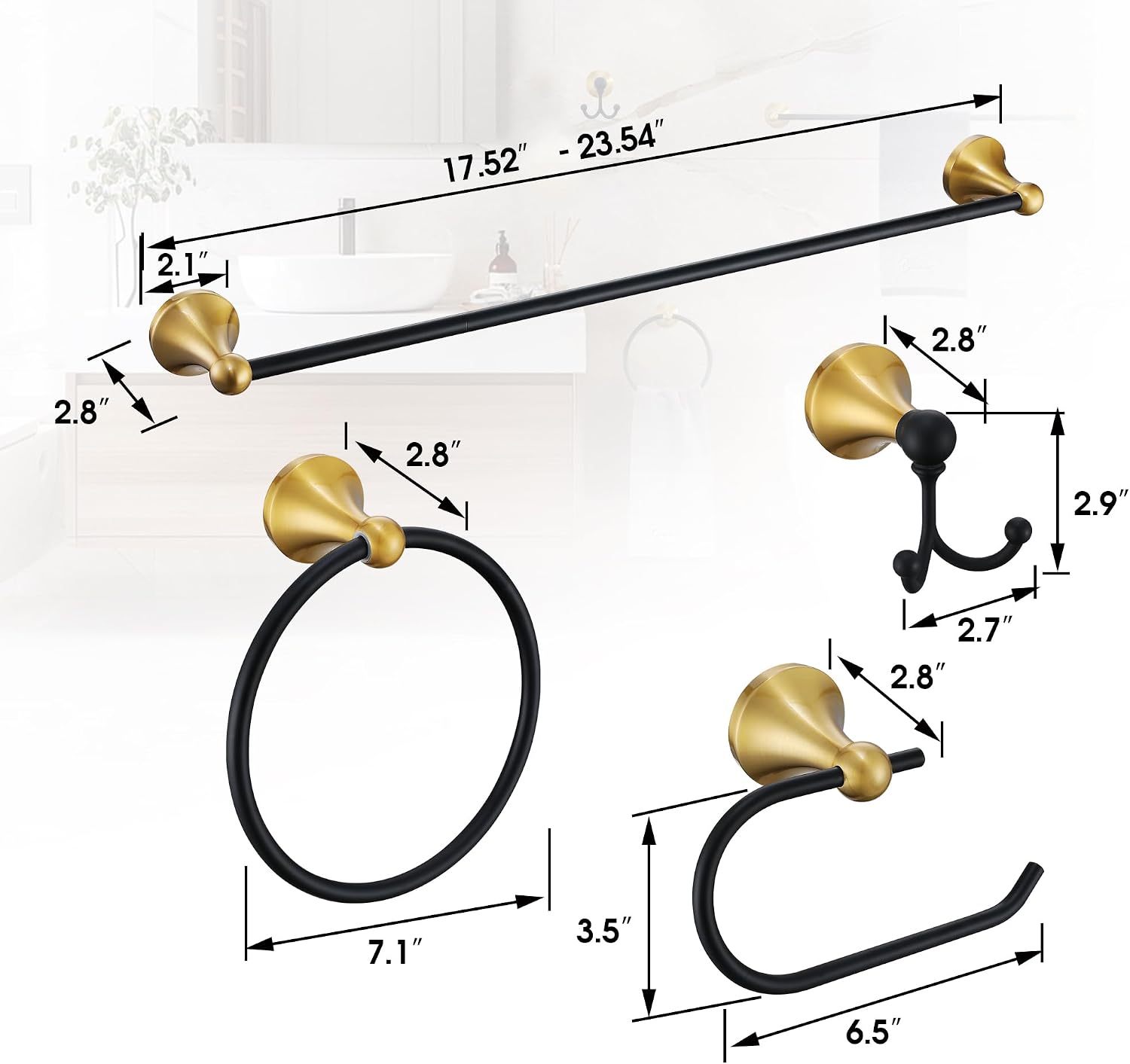 Brushed Gold and Black Bathroom Hardware Set, 4-Piece Black and Gold Bathroom Accessories Kit Stainless Steel 23.6 Inch