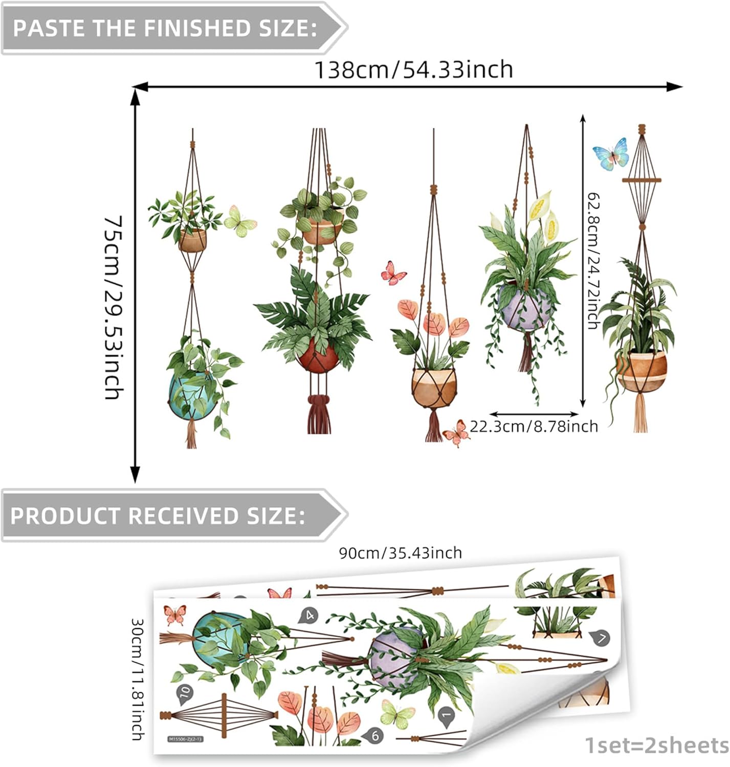 Hanging Potted Wall Stickers Plant Vine Wall Decals Peel and Stick Leaves Boho Wall Art / Green