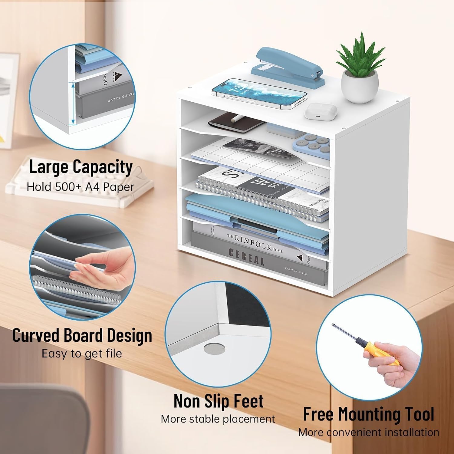 5-Tier Paper Organizer for Desk, Adjustable Mail Organizer, White | 5-Tier Paper Organizer and Mail Organizer for Desk