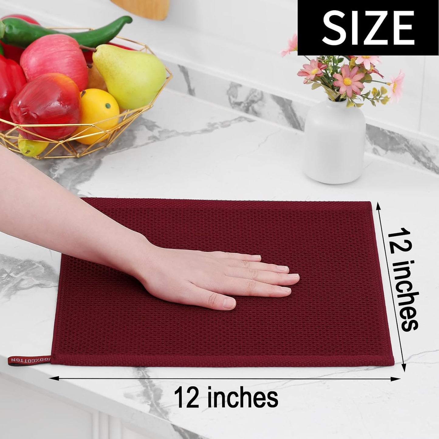 Homaxy 100% Cotton Waffle Weave Kitchen Dish Cloths 12-Pack, Burgundy | 12 x 12 Inches, Ultra Soft Absorbent Dish