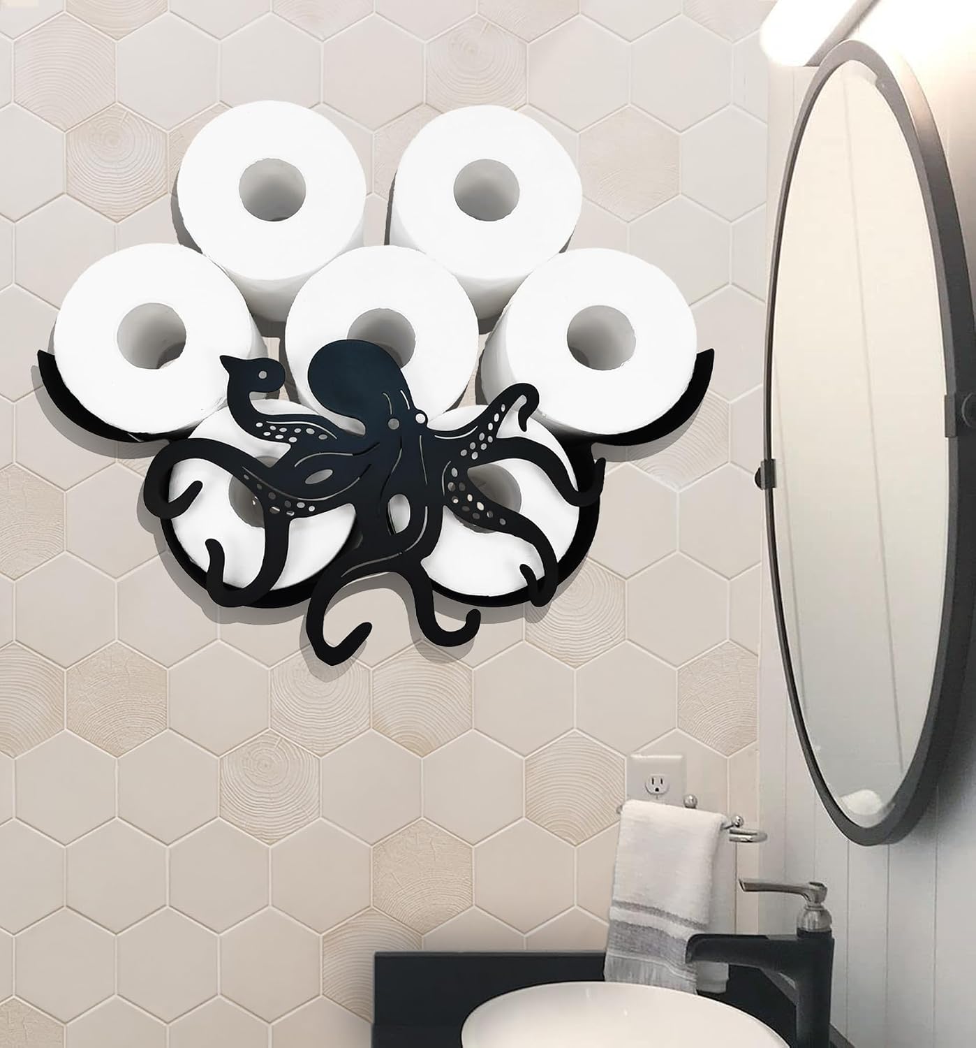 Octopus Metal Wall Toilet Paper Storage,Black Toilet Tissue Holder,Animal Decorative Metal Paper Holders,Cute Toilet