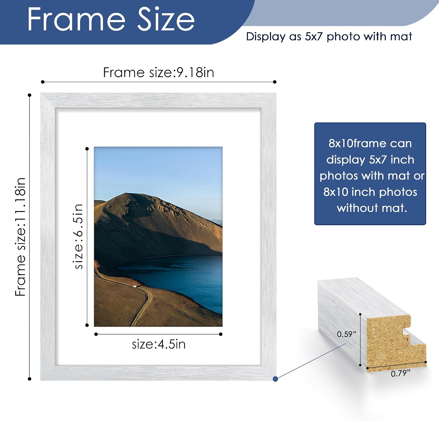 8x10 Picture Frame Set of 6, Wall or Tabletop Display, Silver | Display Pictures 5x7 with Mat or 8x10 Without Mat