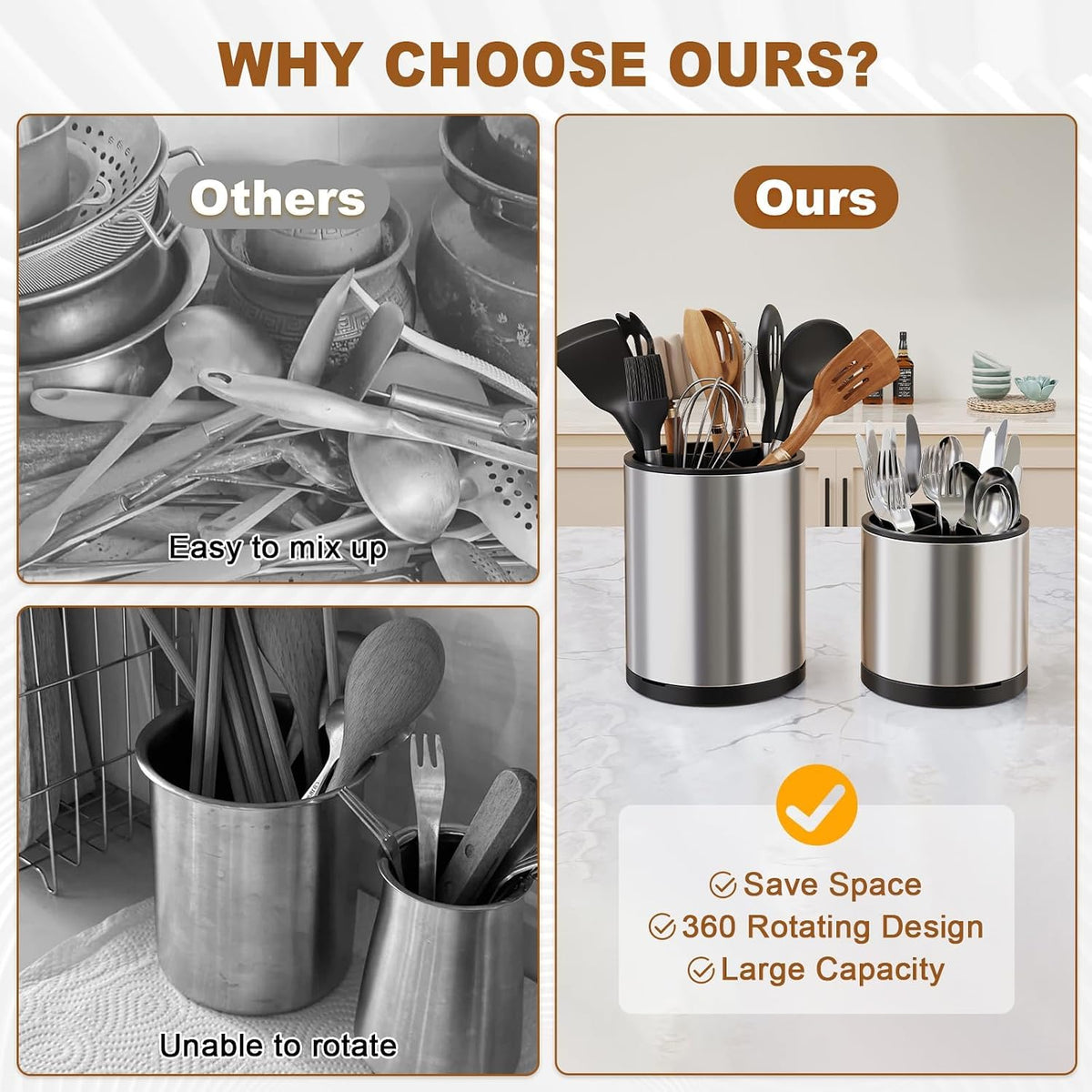 Extra Large Utensil Holder for Kitchen Counter, 360°Rotating Cooking Utensils Holder for Countertop, Stainless Steel