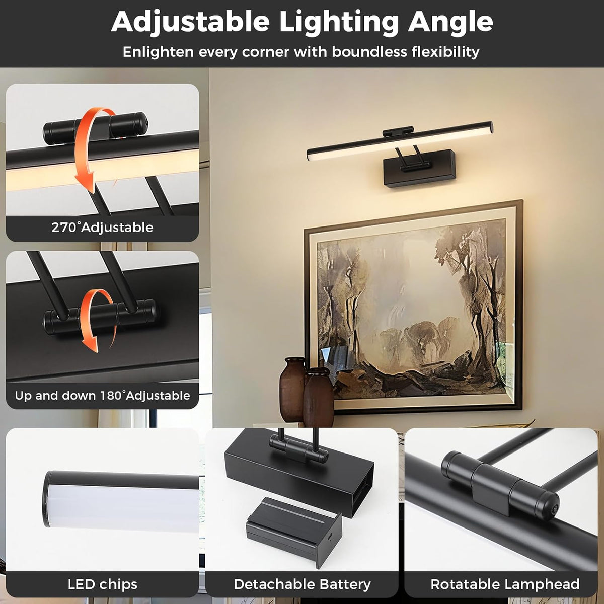 JUSHENG Picture Lights for Wall Battery Operated, Black 3CCT Dimmable Gallery Light with Detachable Battery and Timer