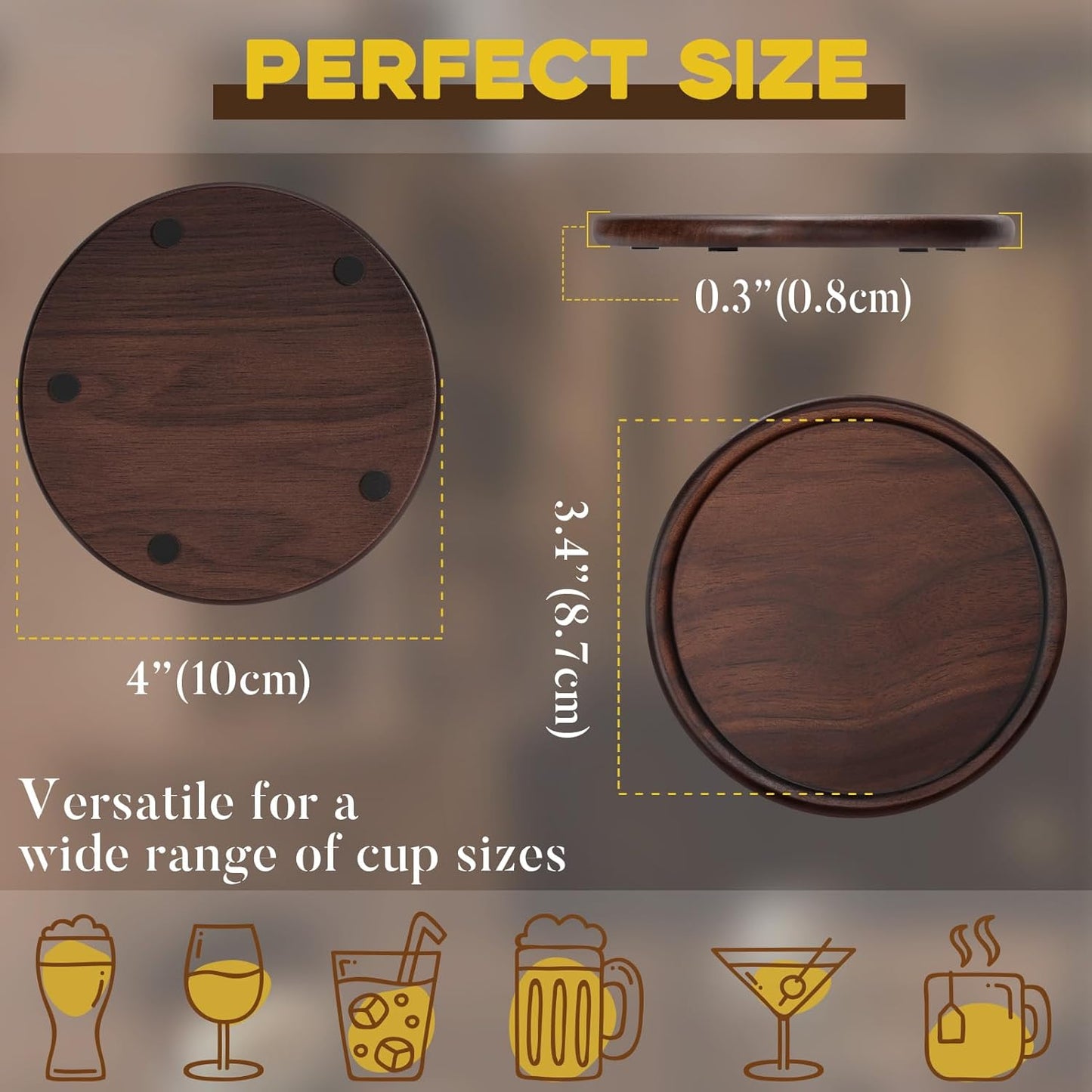 Walnut Wooden Coaster Tabletop Protection for Drinks Coffee Table / with Metal Holder / Set of 6