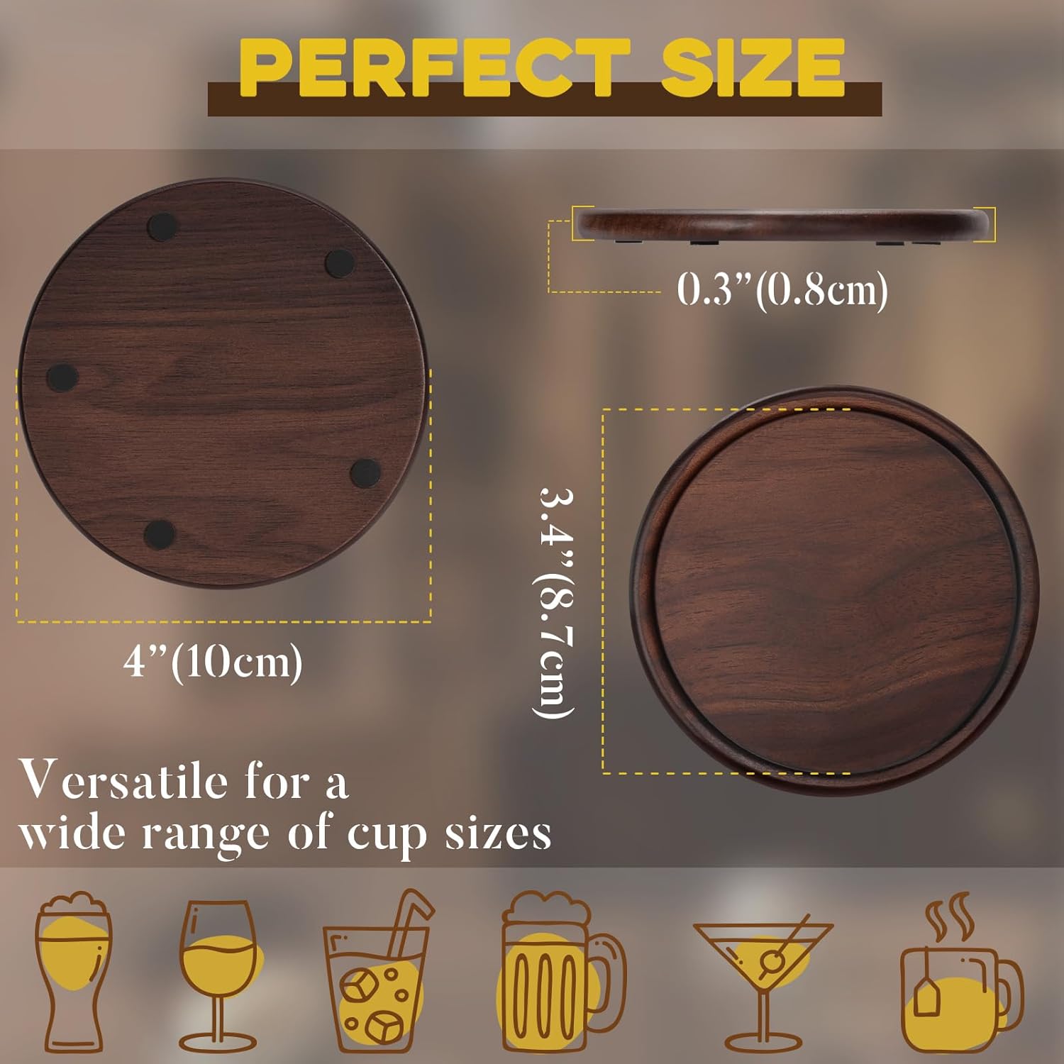 Walnut Wooden Coaster Tabletop Protection for Drinks Coffee Table / with Metal Holder / Set of 6