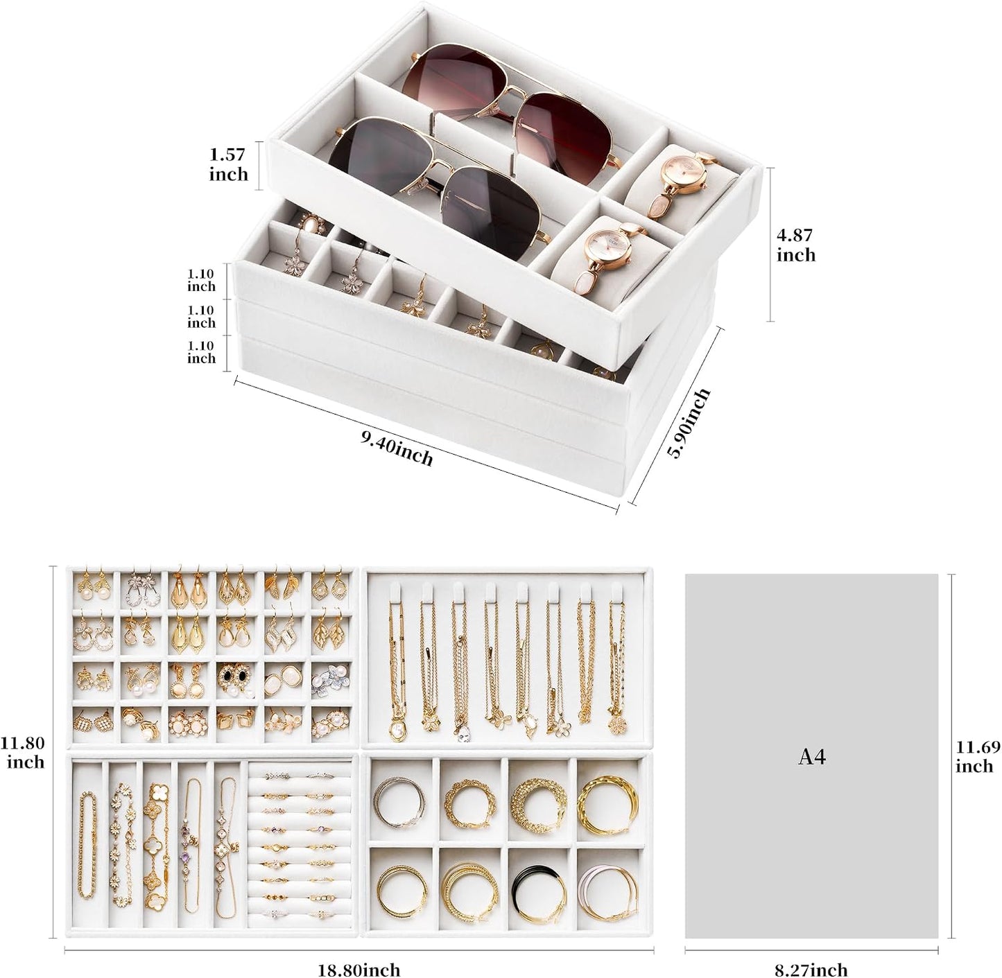 Velvet Jewelry Drawer Organizer Trays / White / Compact
