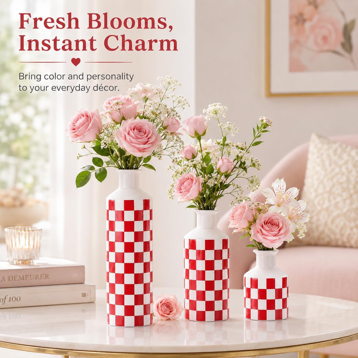 Black and White Ceramic Vase Set 3 / Red