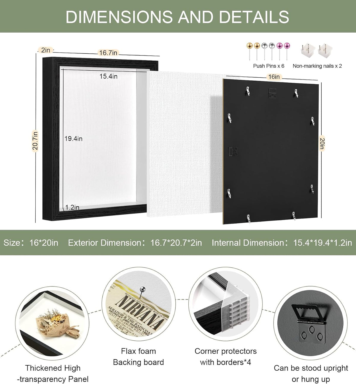 16x20 Large Shadow Box Frame with Thickened Acrylic Panel & Pins | With Linen Back, Deep 1.7" Black Shadow Box Display