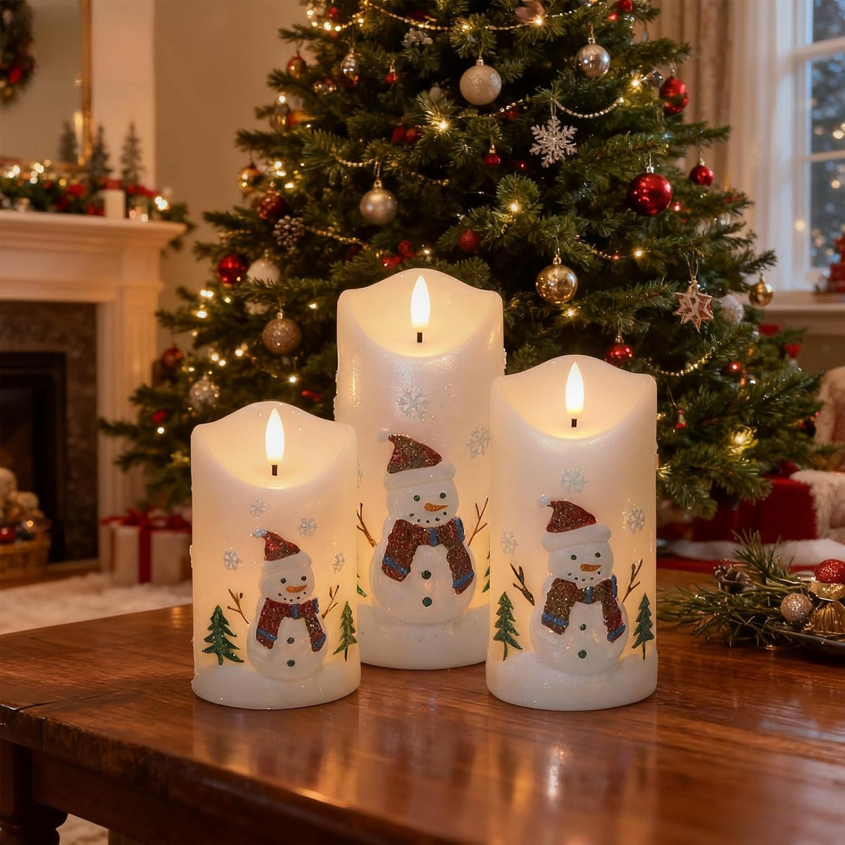 Snowman Carved Flameless Candle Battery Operated with Remote Timer | LED Flickering Pillar Long Lasting, Real Wax Hand