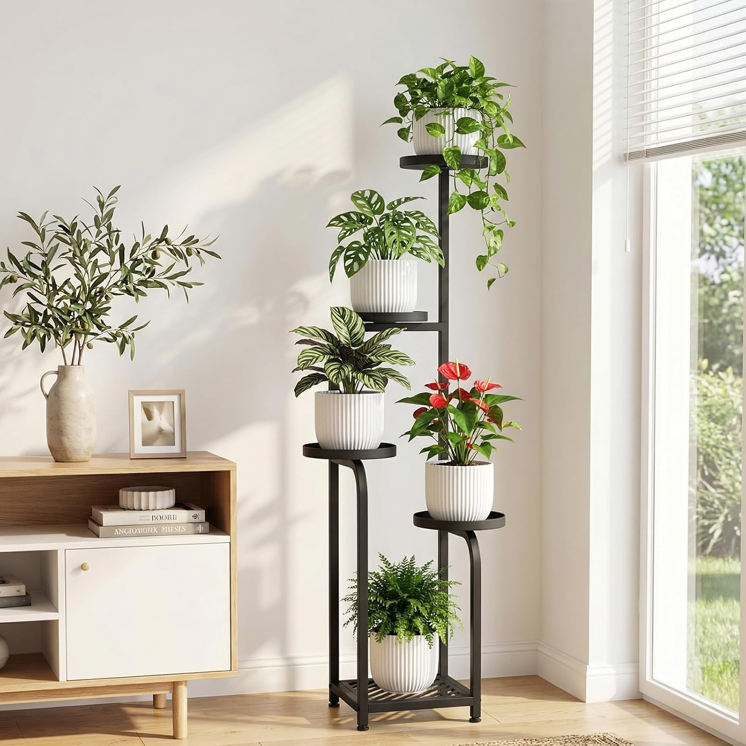 TOSKING 5-Tier Metal Plant Stand Indoor, Anti-Tip Corner Shelf, Black, 47in | Wide base and heavy-duty shelves hold