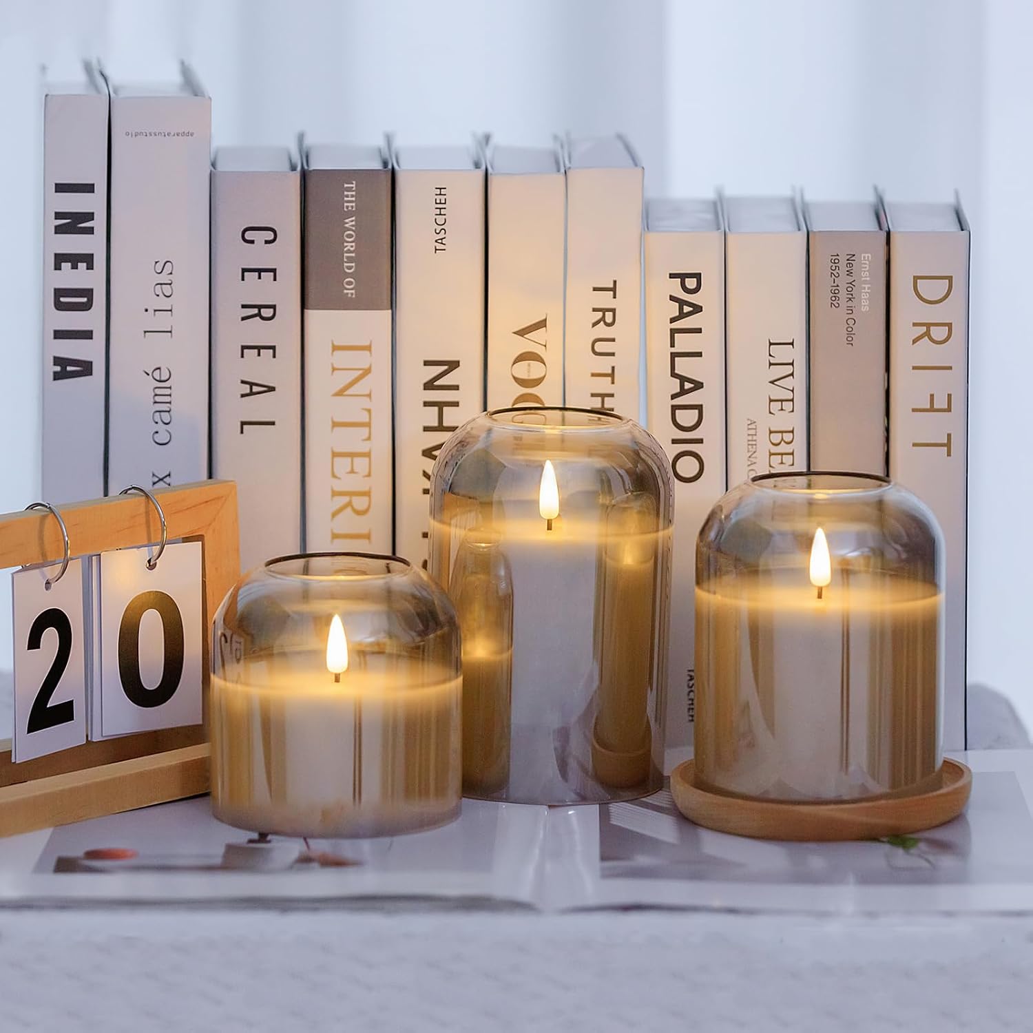 volnyus Grey Glass Flameless Candles with Remote Set of 3 Battery Operated Flickering LED Pillar Candles Real Wax Wick