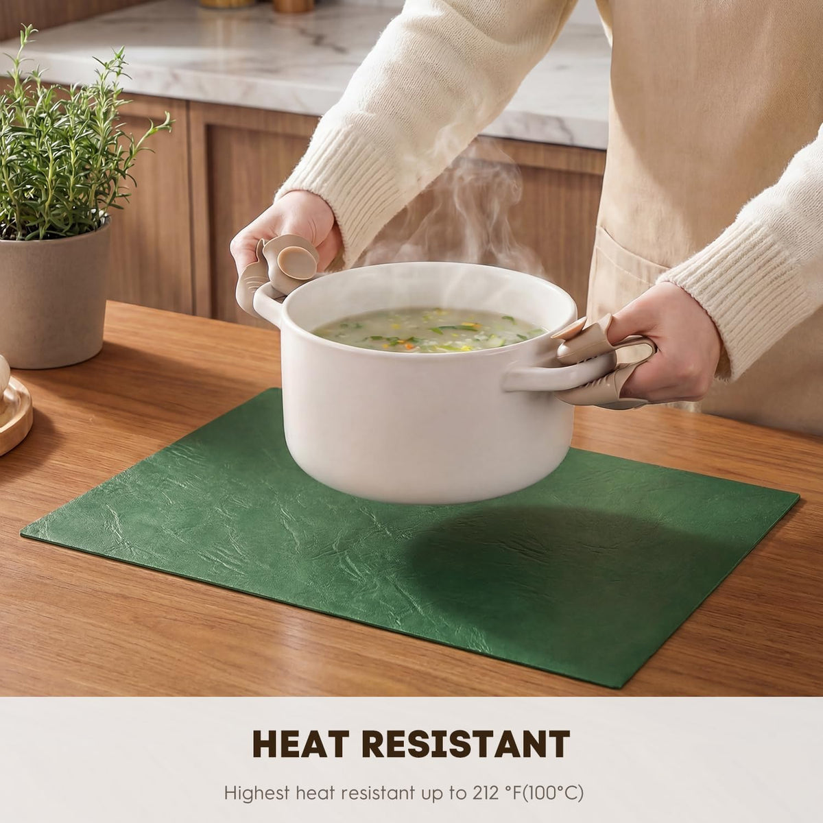 Artoid Mode Green Faux Leather Placemats Set of 8, 12x18 Inch Waterproof Wipeable Heat Resistant Vinyl Place Mats