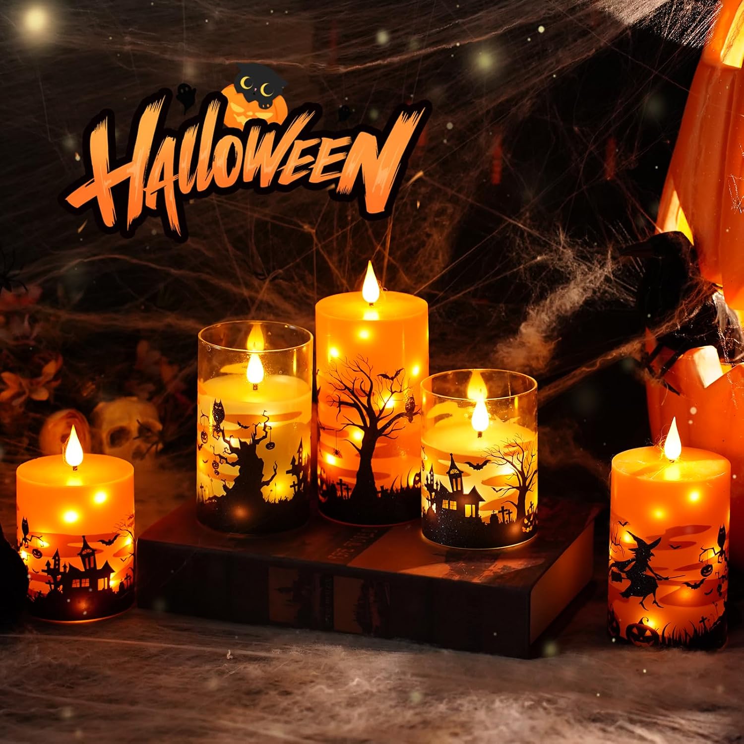 Sasigeiaa Halloween Flameless Candles with Remote - Orange LED Candles & String Lights, Battery Operated Set of 3 (D3 x