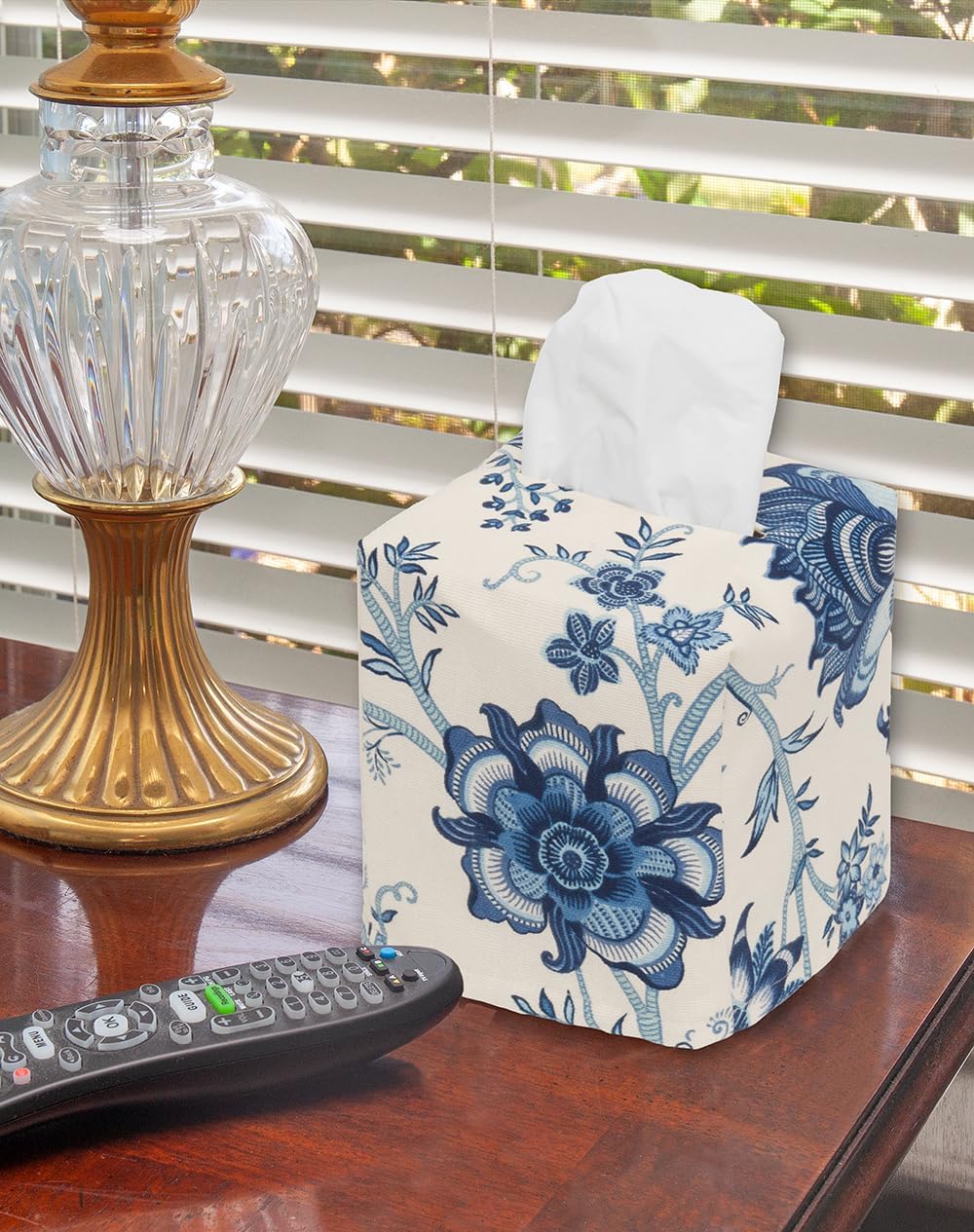 Fabric Tissue Box Cover / Square / Blue Porcelain