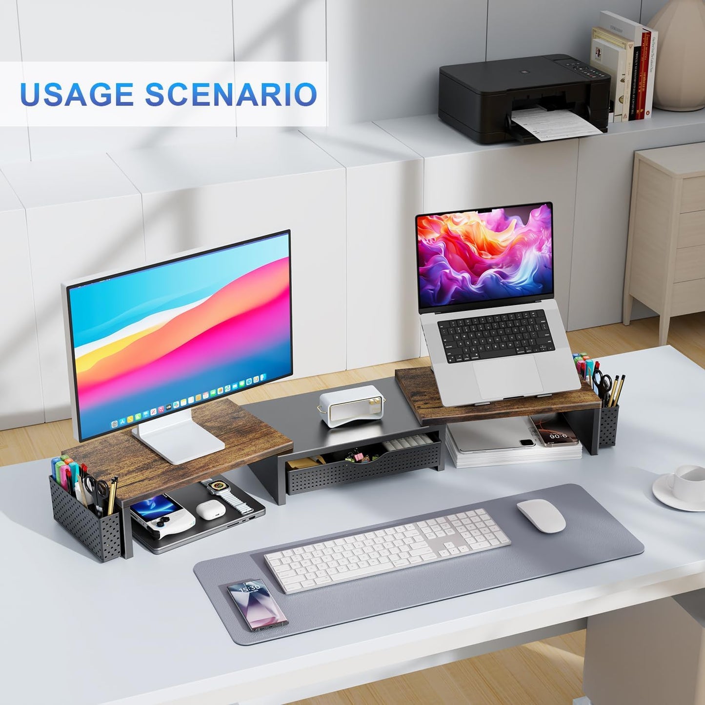 gianotter Dual Monitor Stand Riser With Drawer and 2 Pen Holders | Wood Computer Monitor Stand Desk Organizer and