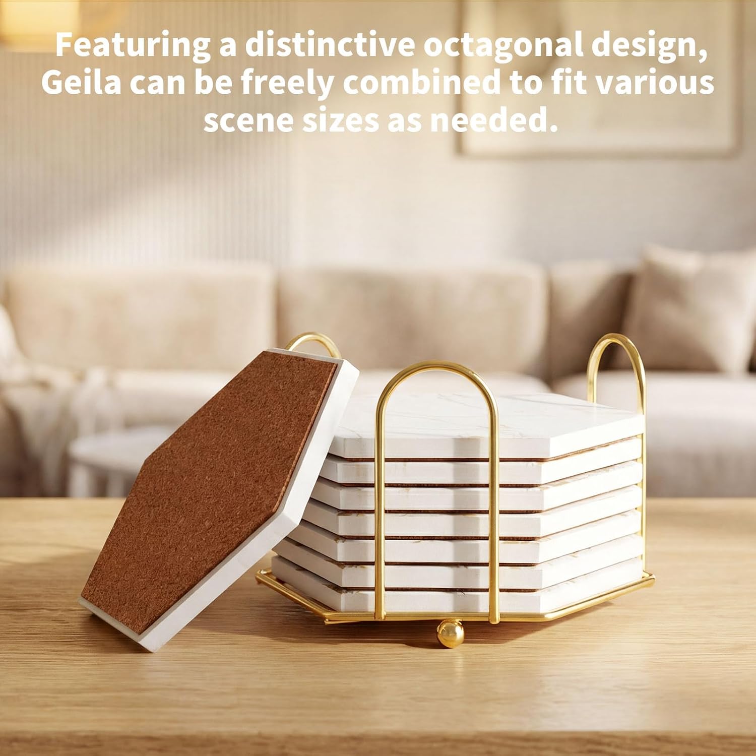 Metal Holder / Drink Coasters for Wooden Table / Gold / Set of 8