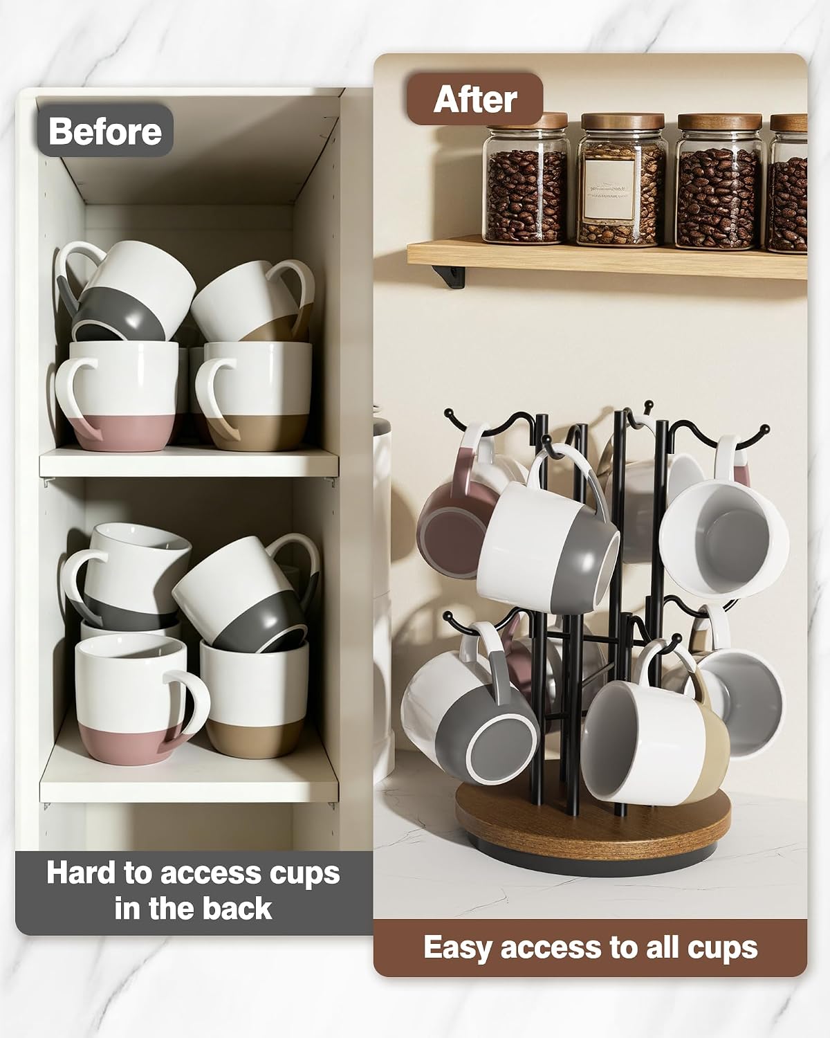 8-Hook 360° Rotating Large Coffee Mug Tree for Counter, Wood Base, Brown | 360° rotation, 8 mugs (12-16oz), 5.7"
