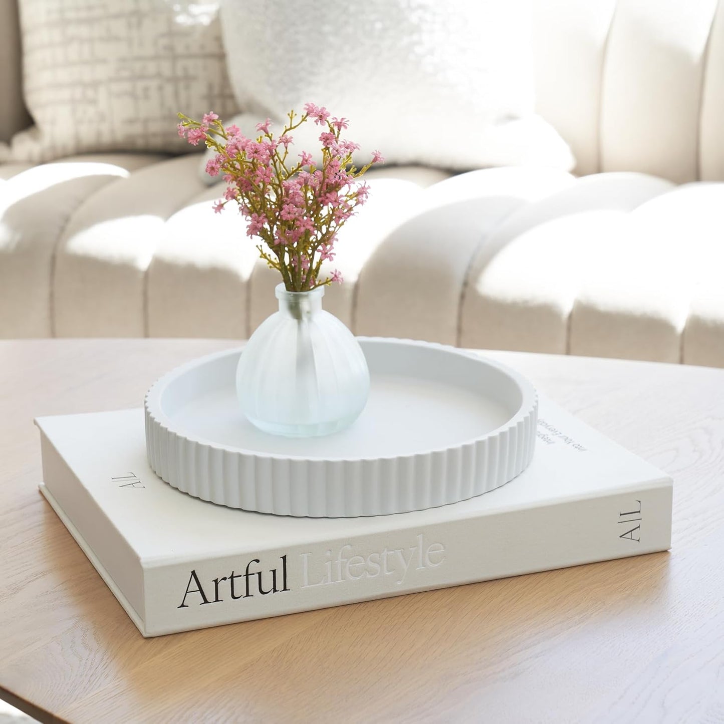 Scalloped Tray & Linen Box Coffee Table or Bookshelf Decor / Beige