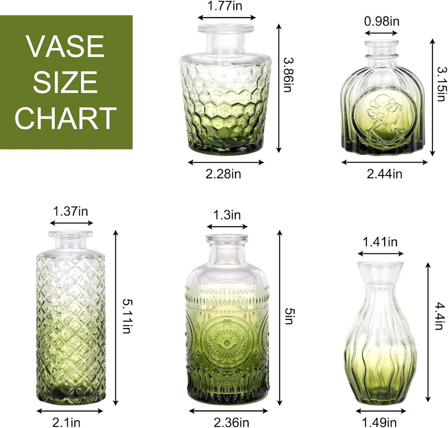 Glass Bud Vase Set / Green / Set of 5
