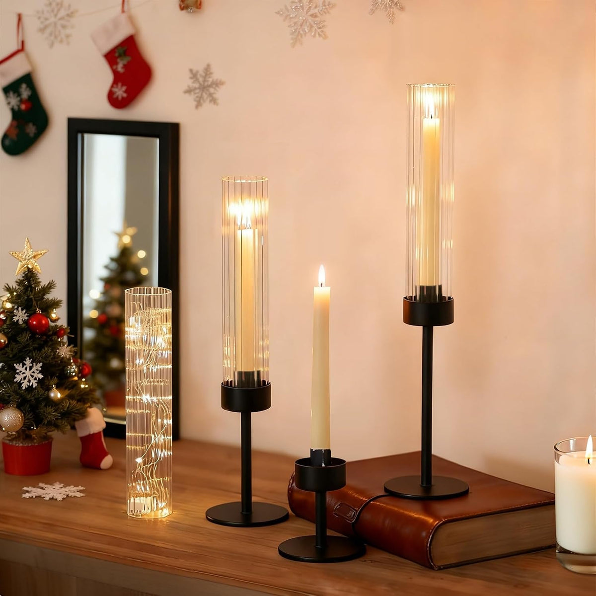 Metal & Acrylic Taper Candle Holders with Ribbed Design - Hurricane Clear Cylinder Candelabra for Wedding, Christmas
