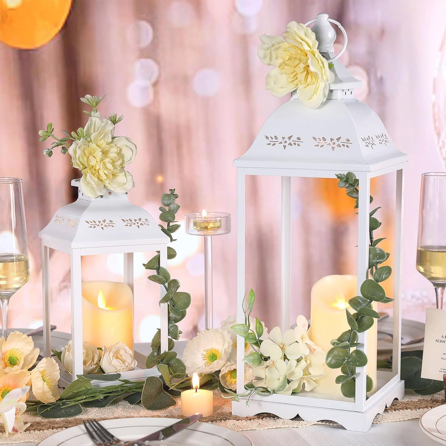 Decorative Candle Lanterns Set of 2, White Metal for Indoor & Outdoor | Ideal For Porch, Entryway, Wedding & Christmas