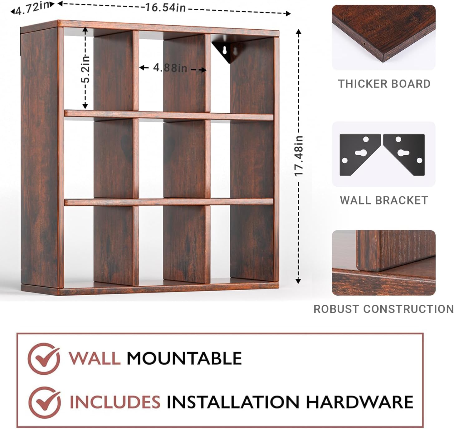 Helsin 9 Grid Vintage Coffee Mug Display Rack, 16inch Wall Mounted Wooden Curio Shadow Box Shelf, Cup Floating Shelves